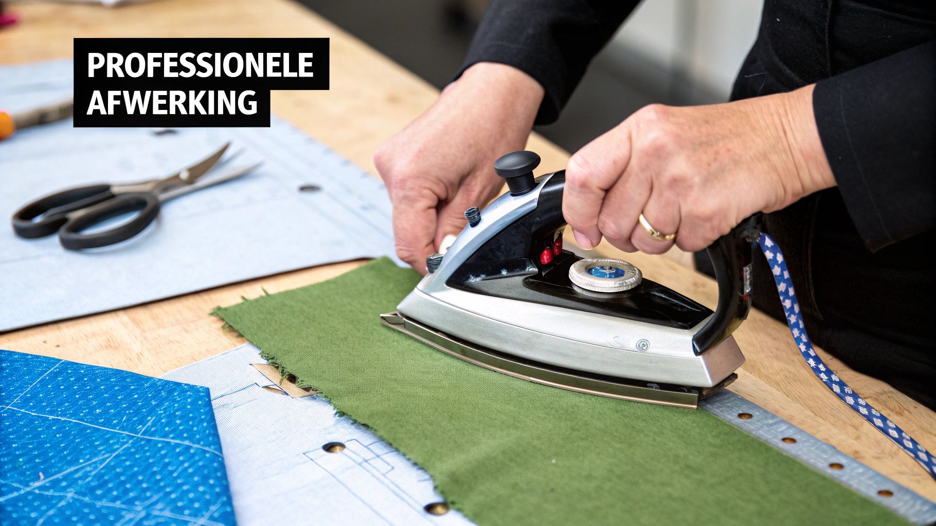 Een persoon strijkt groene stof op een houten tafel met naaiaccessoires, benadrukkend 'PROFESSIONELE AFWERKING'.