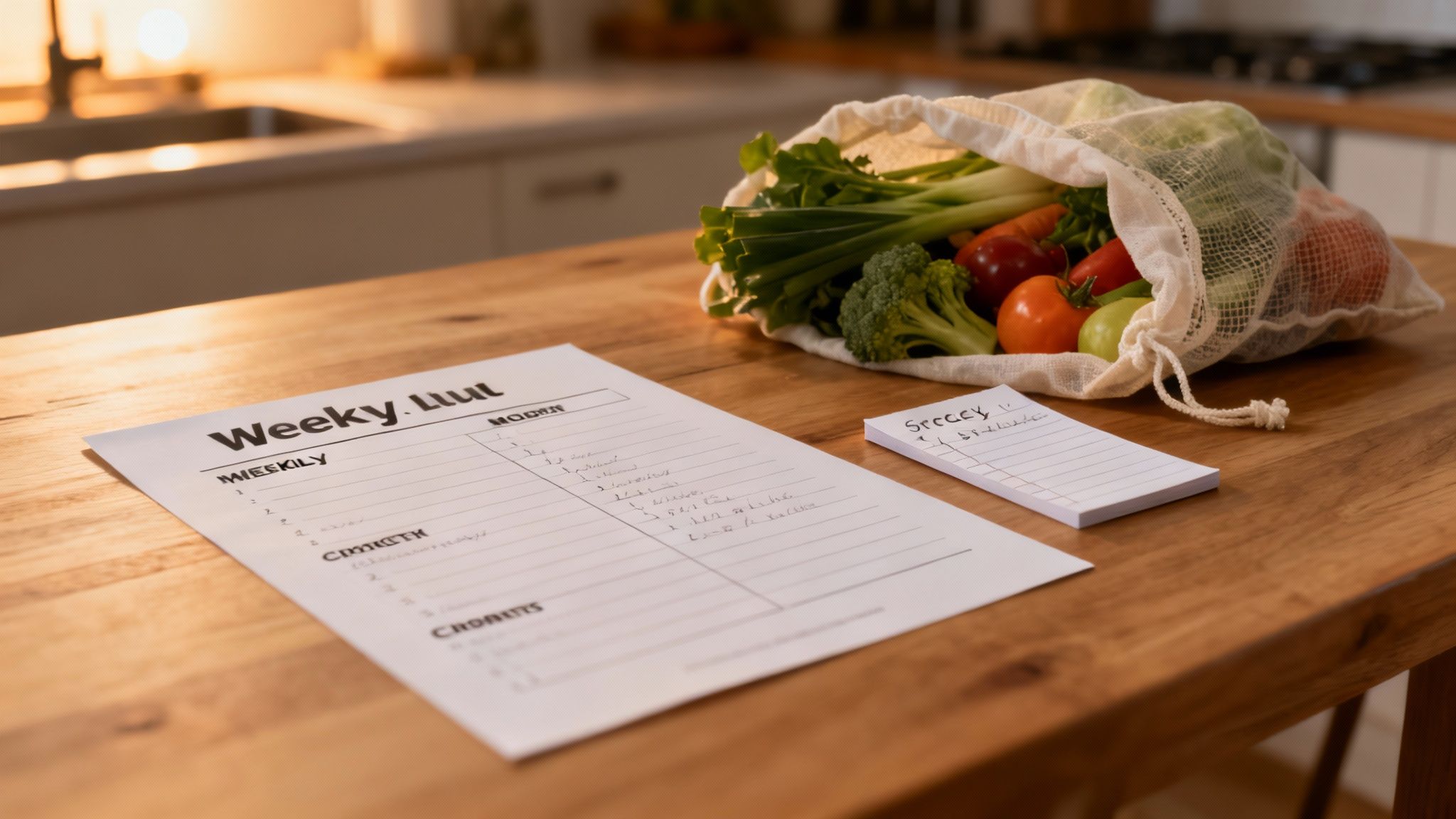 A wooden kitchen counter with a reusable bag of fresh vegetables, a weekly planner, and a grocery list.