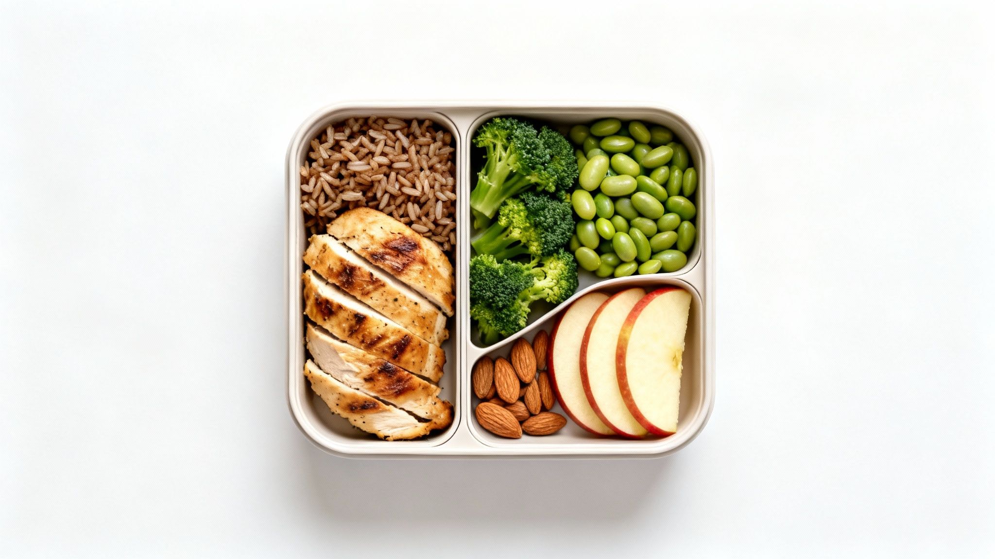 Overhead view of a healthy meal prep container with grilled chicken, rice, vegetables, almonds, and apple.
