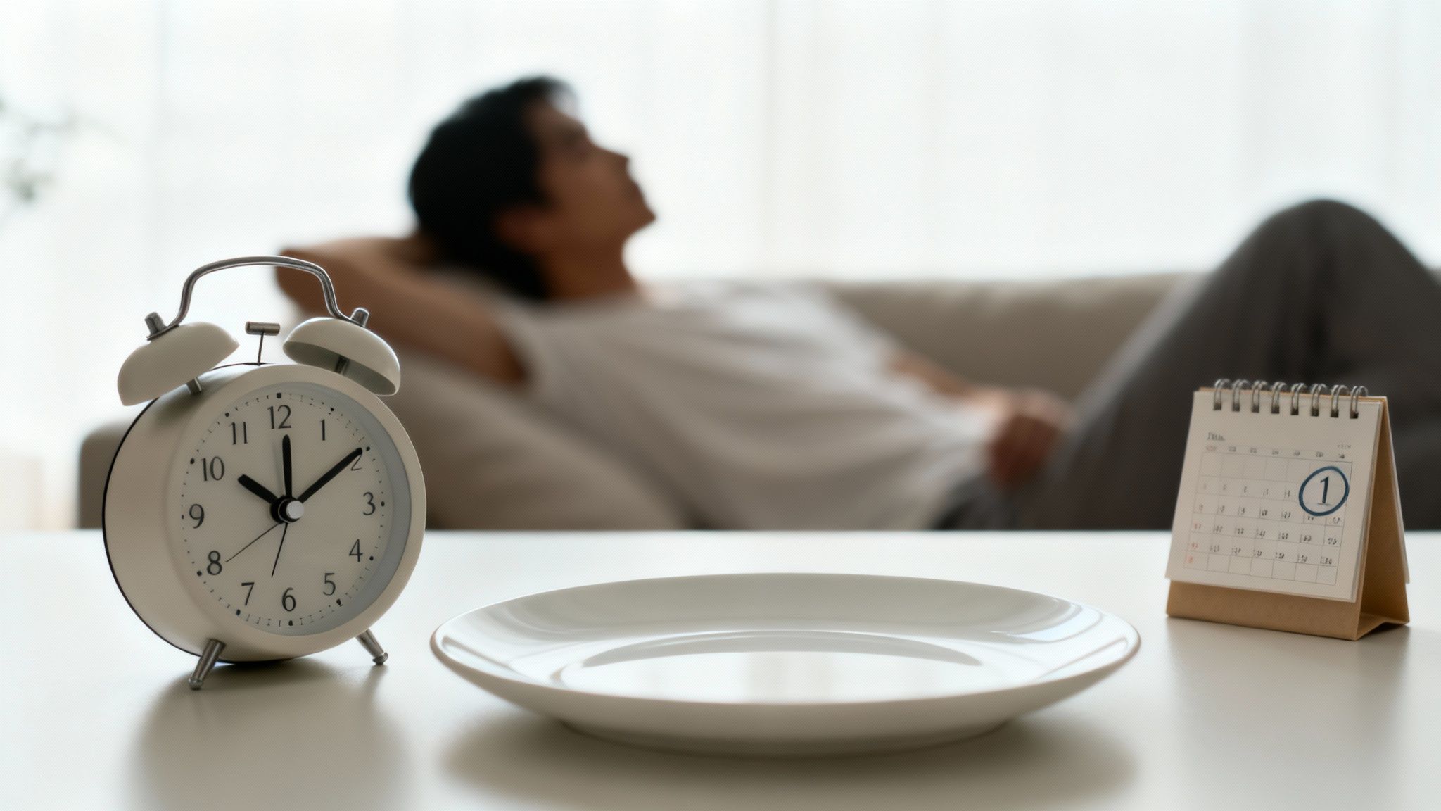 An alarm clock, empty plate, and calendar on a table, with a relaxed person on a sofa.