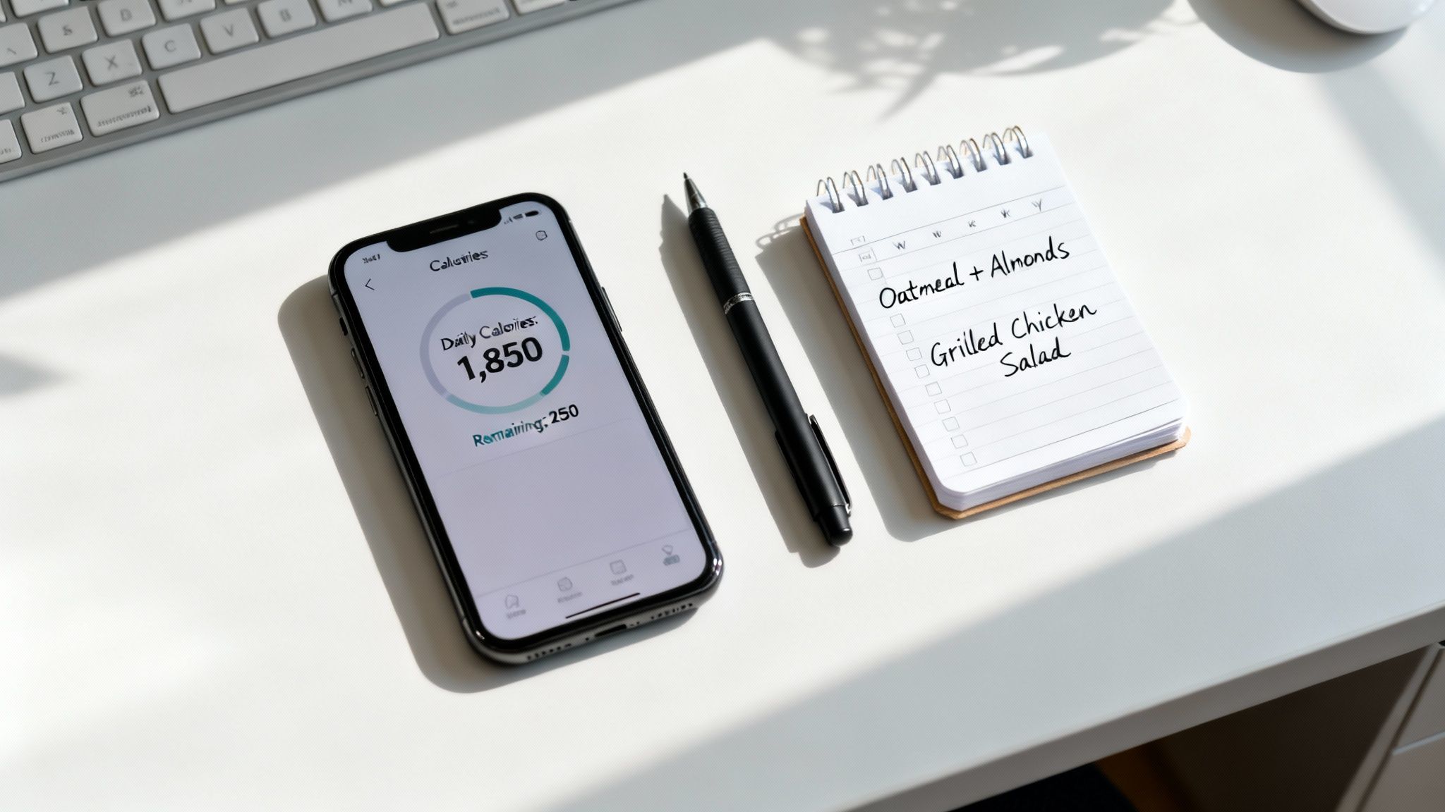 A smartphone displays a calorie tracking app next to a handwritten meal plan on a notepad.