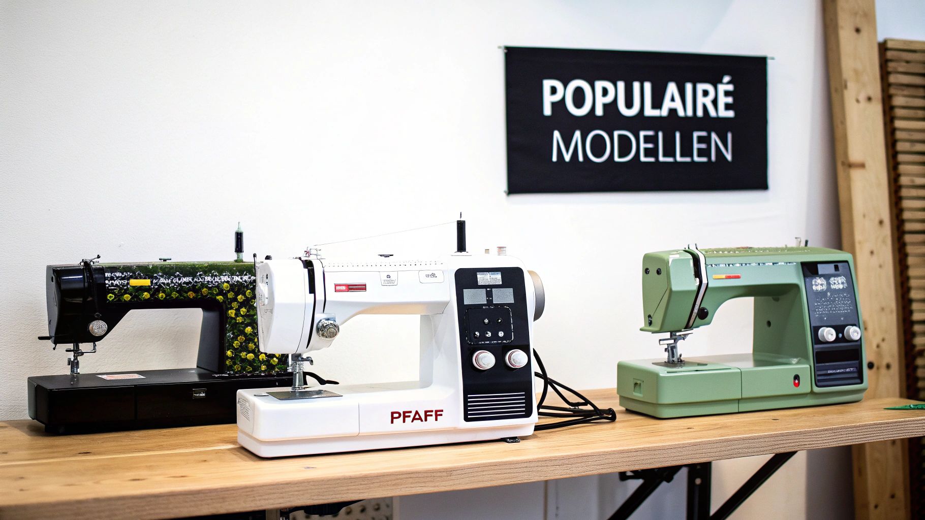 Drie verschillende naaimachines, waaronder een witte Pfaff, op een houten tafel onder een banner met 'Populaire Modellen'.