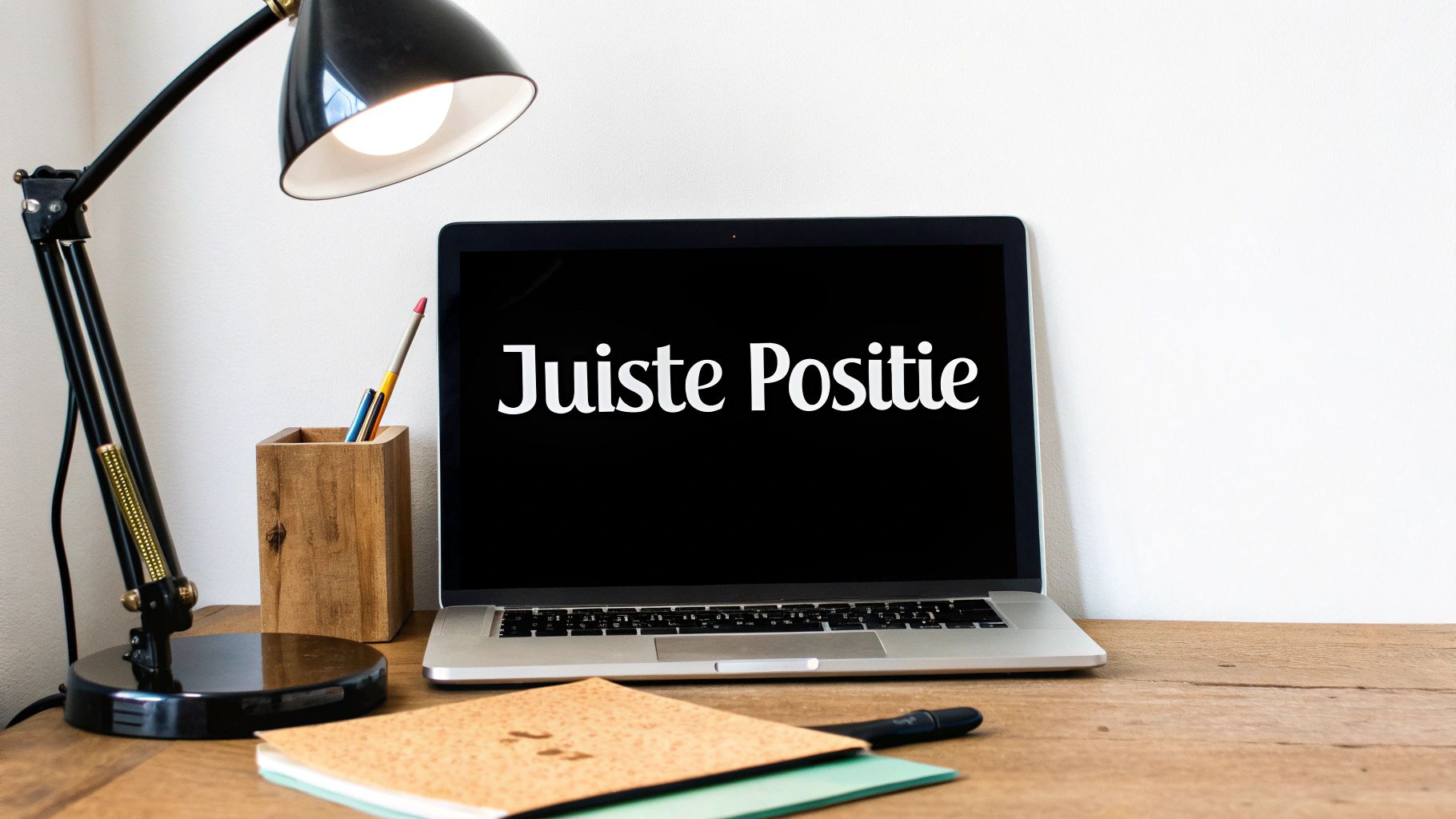 Een laptop met 'Juiste Positie' op het scherm, een bureaulamp en kantoorbenodigdheden op een houten bureau.
