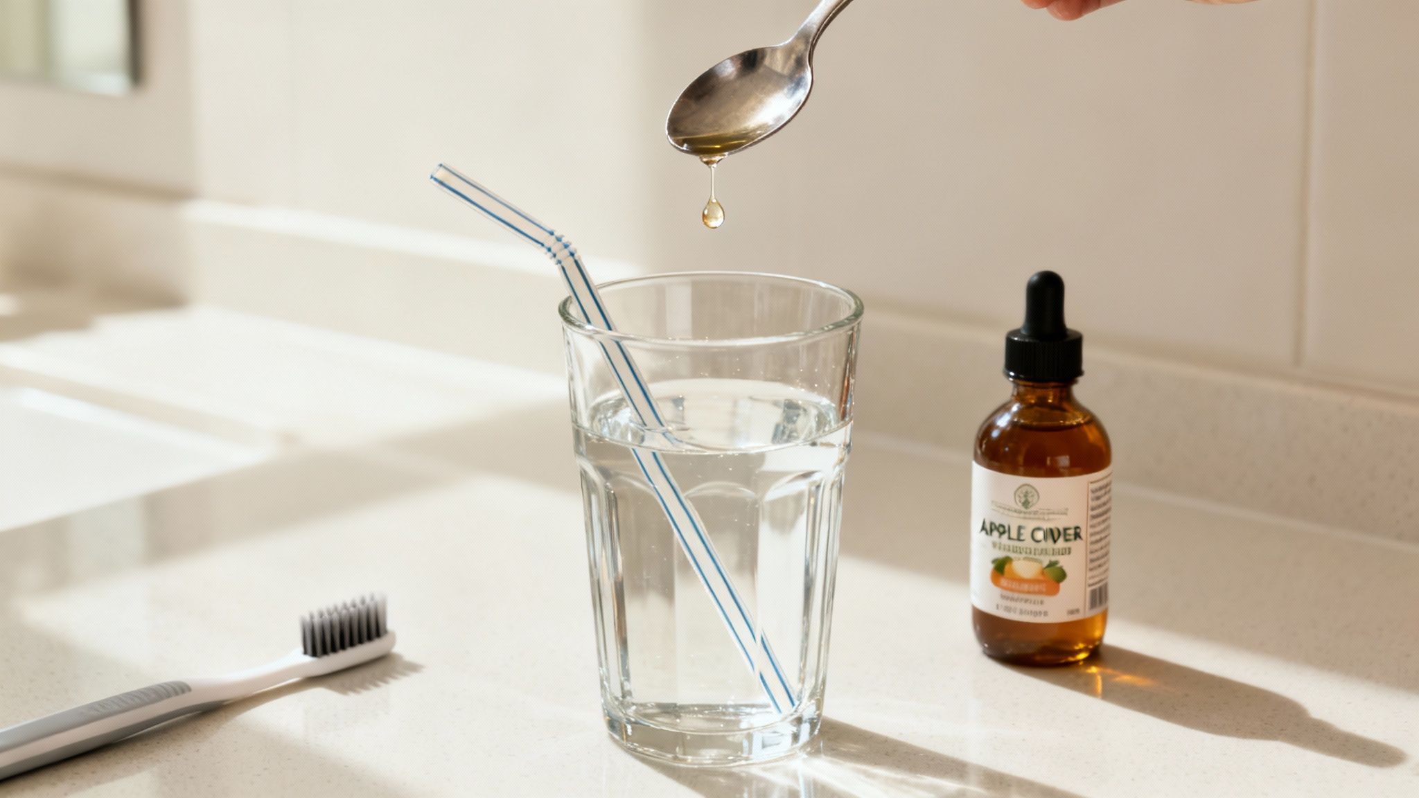 A hand drips apple cider vinegar from a spoon into a glass of water with a straw, next to an ACV bottle and toothbrush.