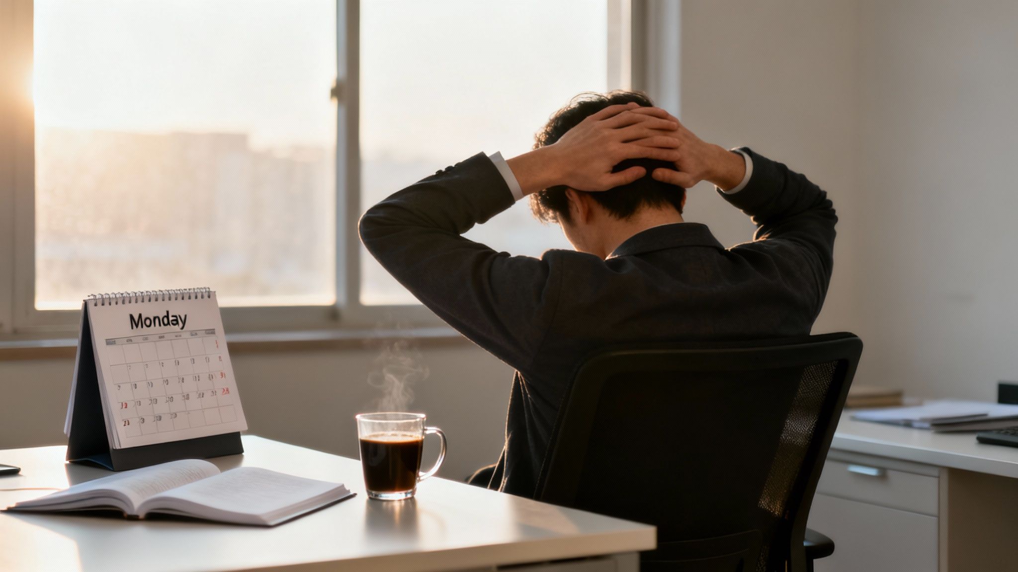 An exhausted person sitting at a desk with their head in their hands, conveying the feeling of burnout.