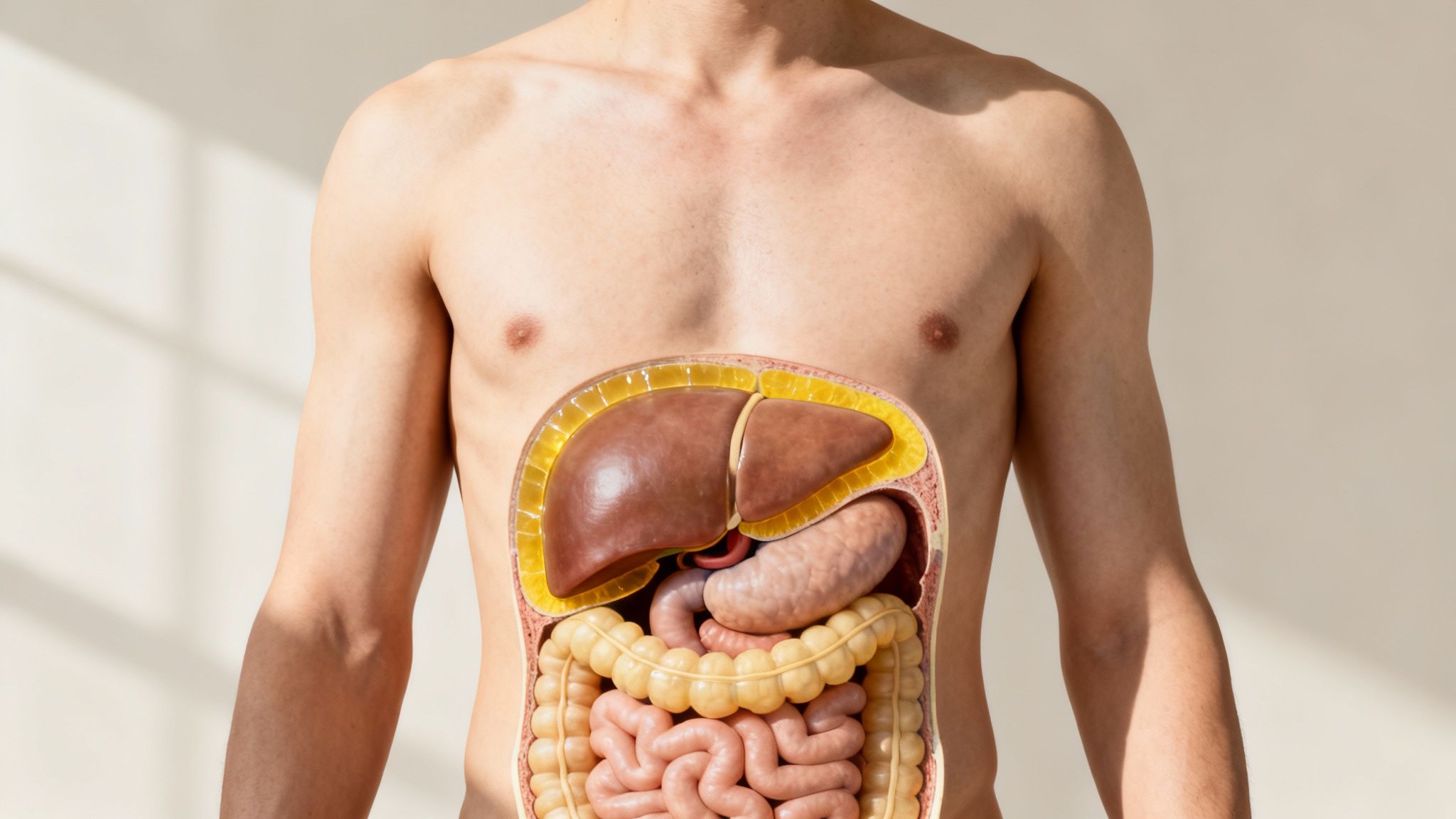 A male torso with a transparent view revealing abdominal organs like the liver, stomach, and intestines.