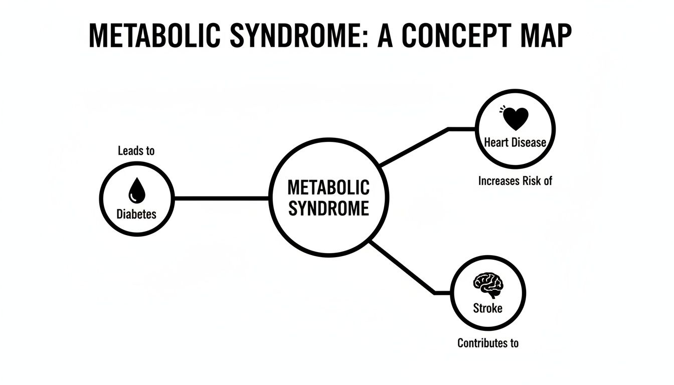 A concept map showing metabolic syndrome leading to diabetes, increasing risk of heart disease, and contributing to stroke.