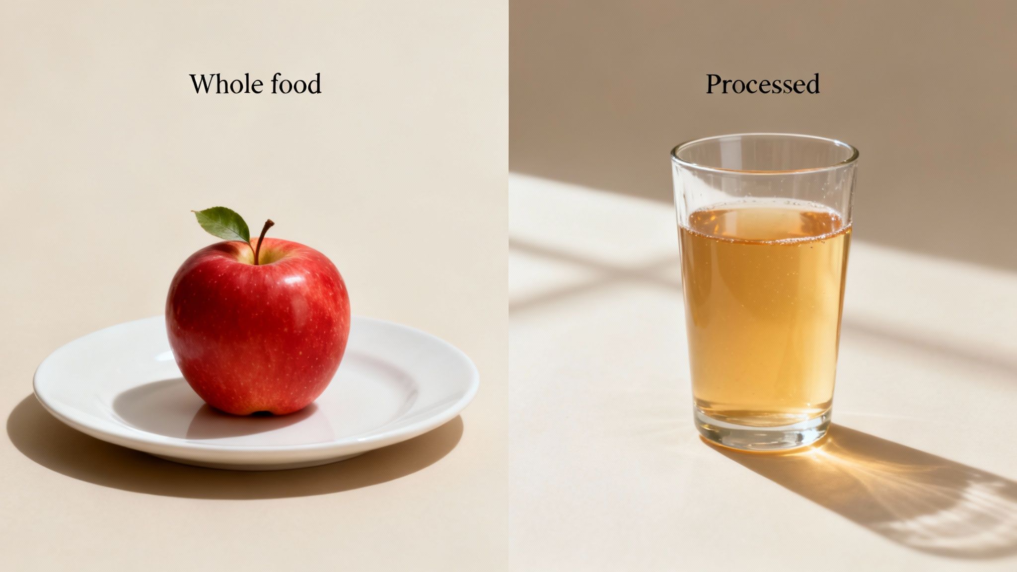 Side-by-side comparison of a fresh red apple (whole food) and a glass of apple juice (processed).