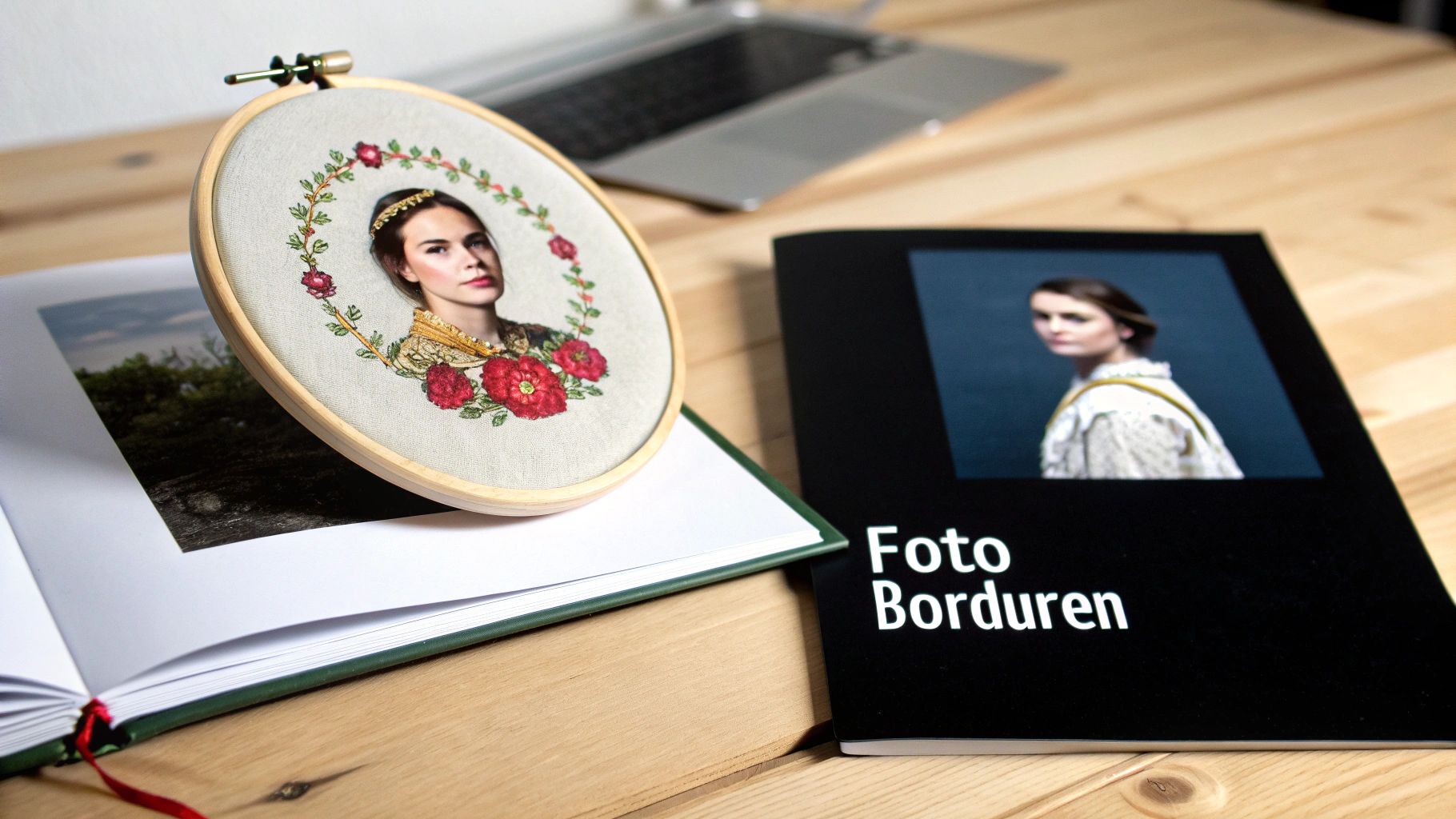 Geborduurde portretfoto van een vrouw in borduurring, open boek en zwart boek 'Foto Borduren' op houten tafel.