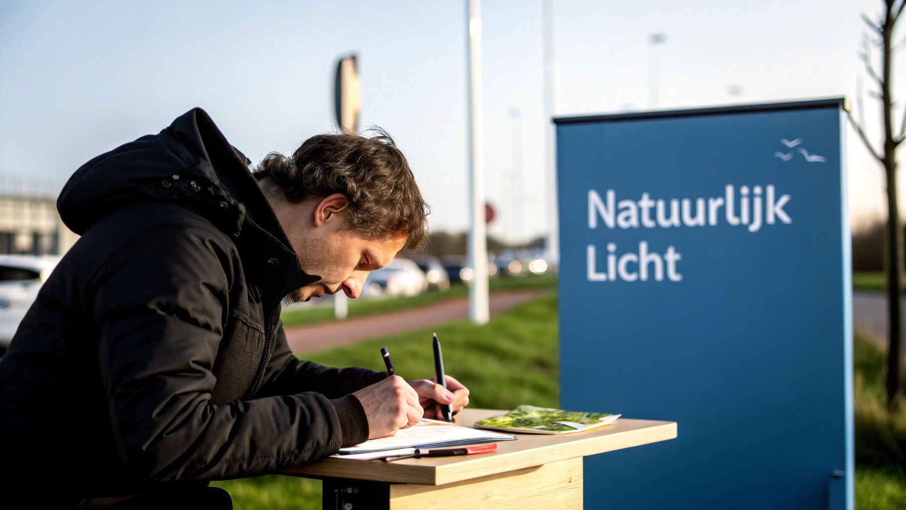 Man in zwarte jas schrijft geconcentreerd buiten aan een houten tafel bij een blauw bord.