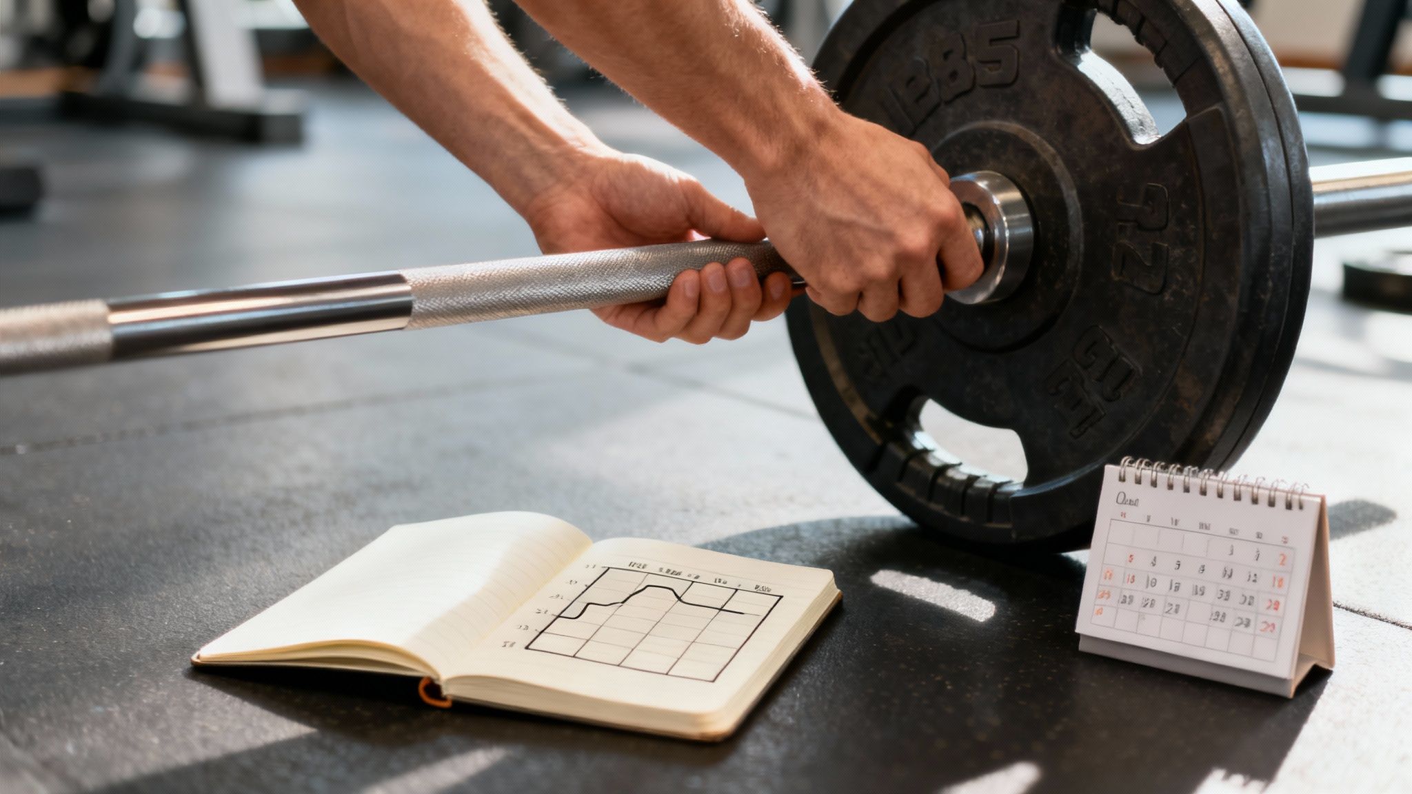 A woman with a determined expression increasing the weight on a barbell in a brightly lit gym.