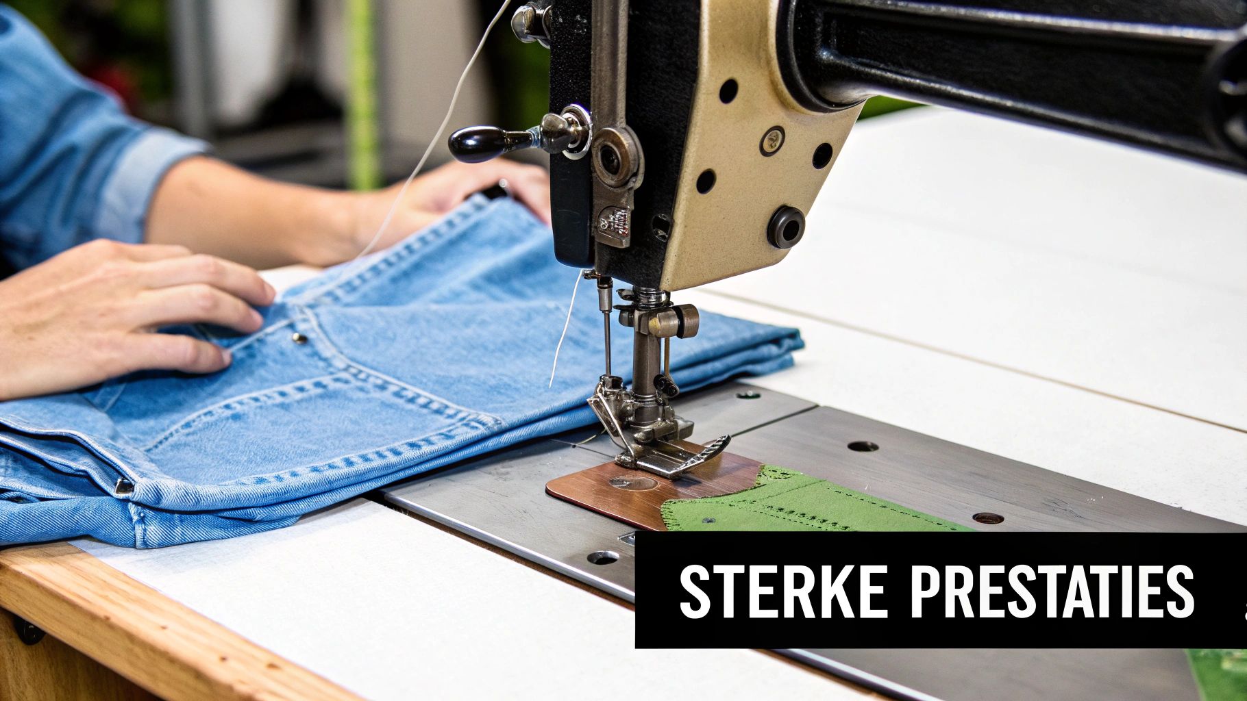 Een persoon naait blauwe spijkerstof met een industriële naaimachine, met groene stof op de werktafel.