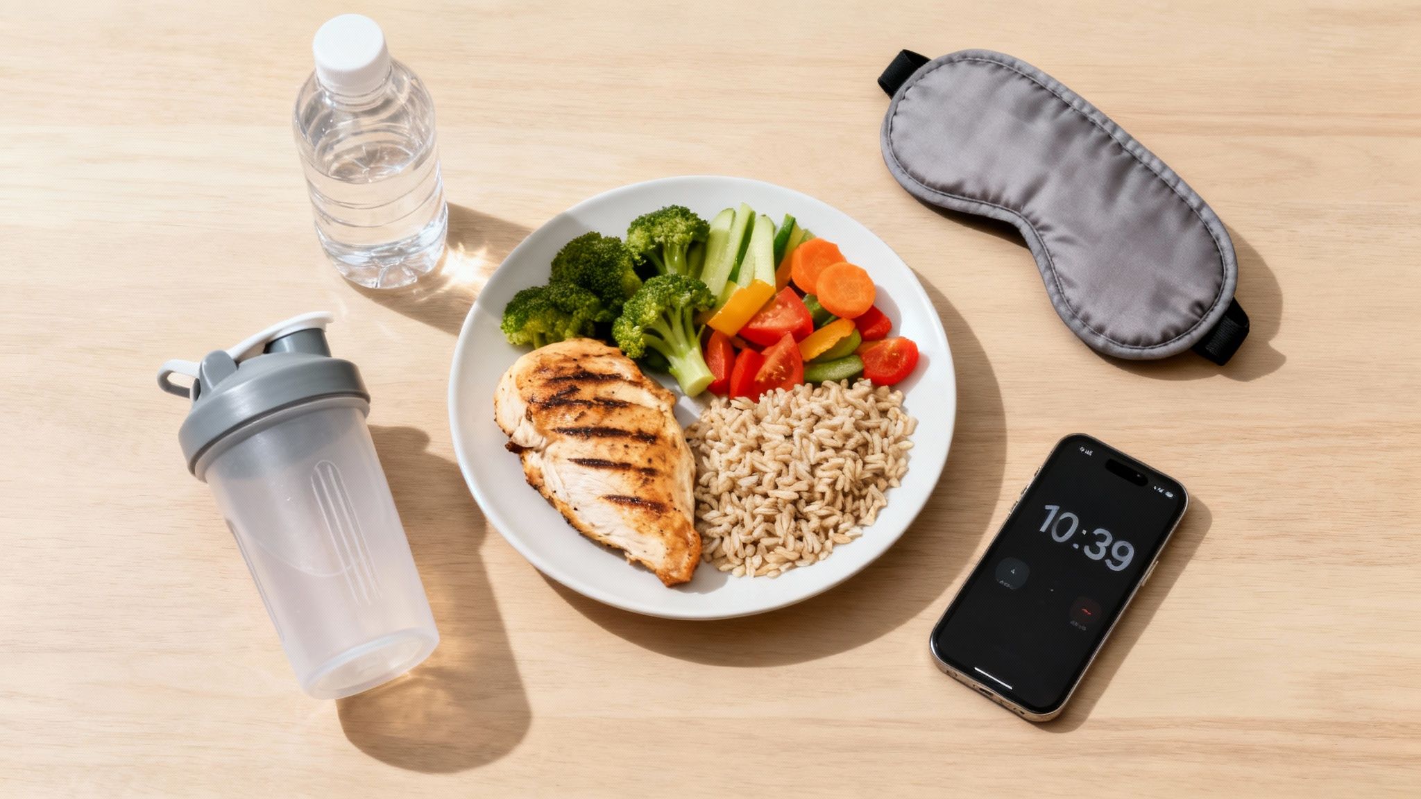 A colorful plate of healthy food including salmon, avocado, and vegetables, next to a glass of water.