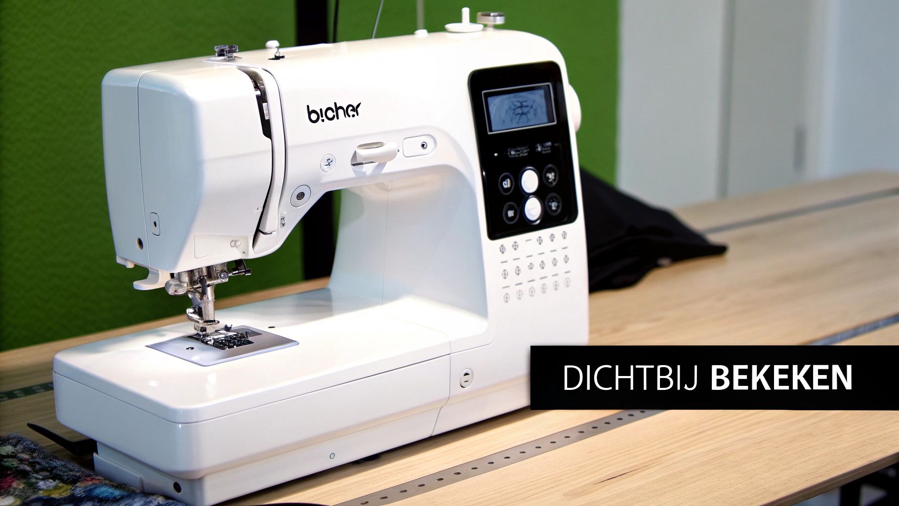 Close-up van een moderne, witte Brother naaimachine met digitaal scherm op een houten tafel.