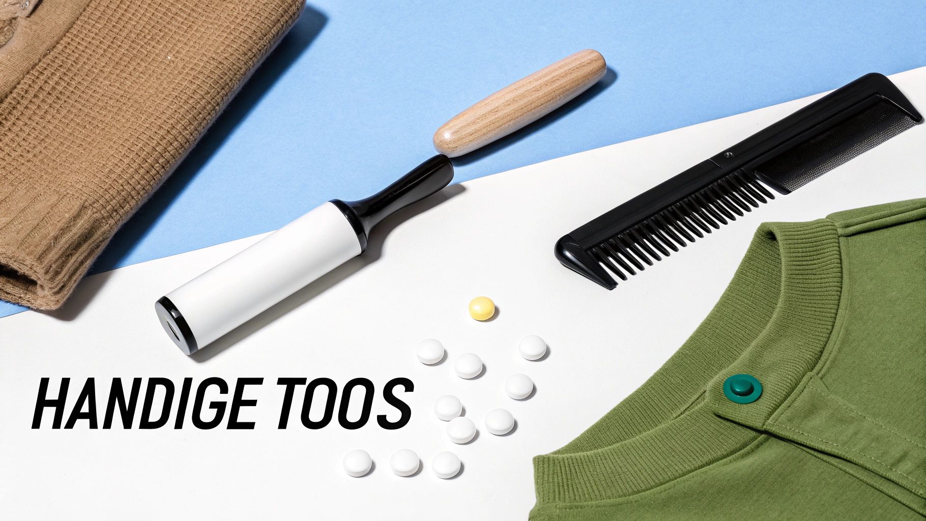 Verschillende huishoudelijke en persoonlijke verzorgingsartikelen, waaronder een pluizenroller, kam en kleding, op een tweekleurige achtergrond.