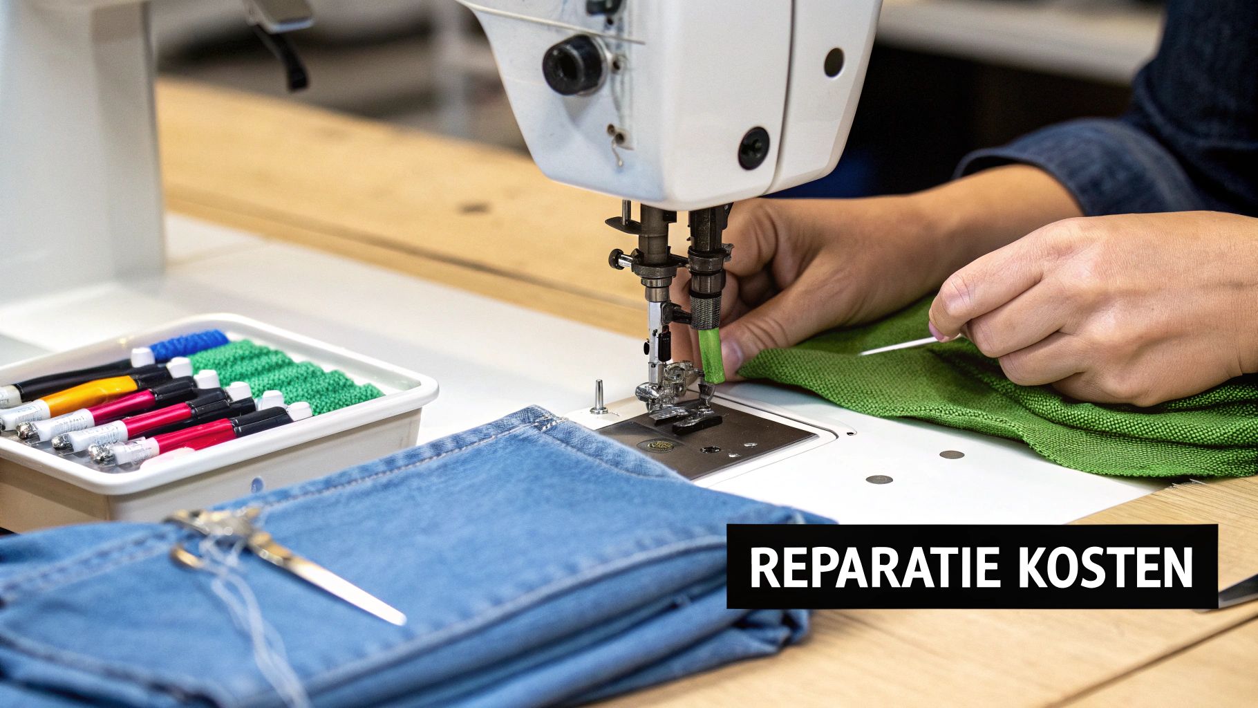 Detail van handen die groene stof naaien op een witte naaimachine, met jeans en gereedschap op tafel.