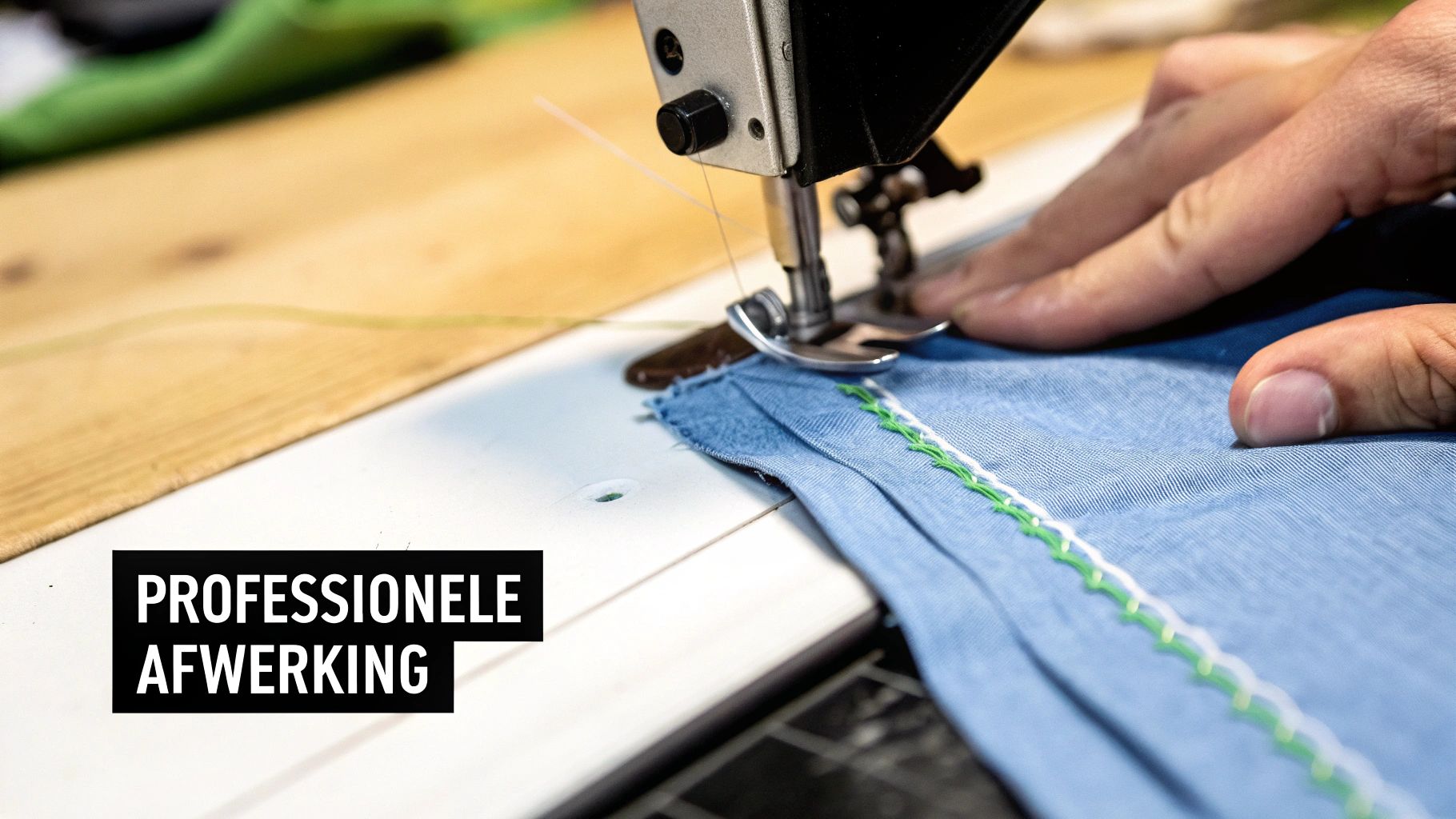 Een persoon naait met een naaimachine aan lichtblauwe stof met decoratieve groene en witte stiksels, wat professionele afwerking toont.