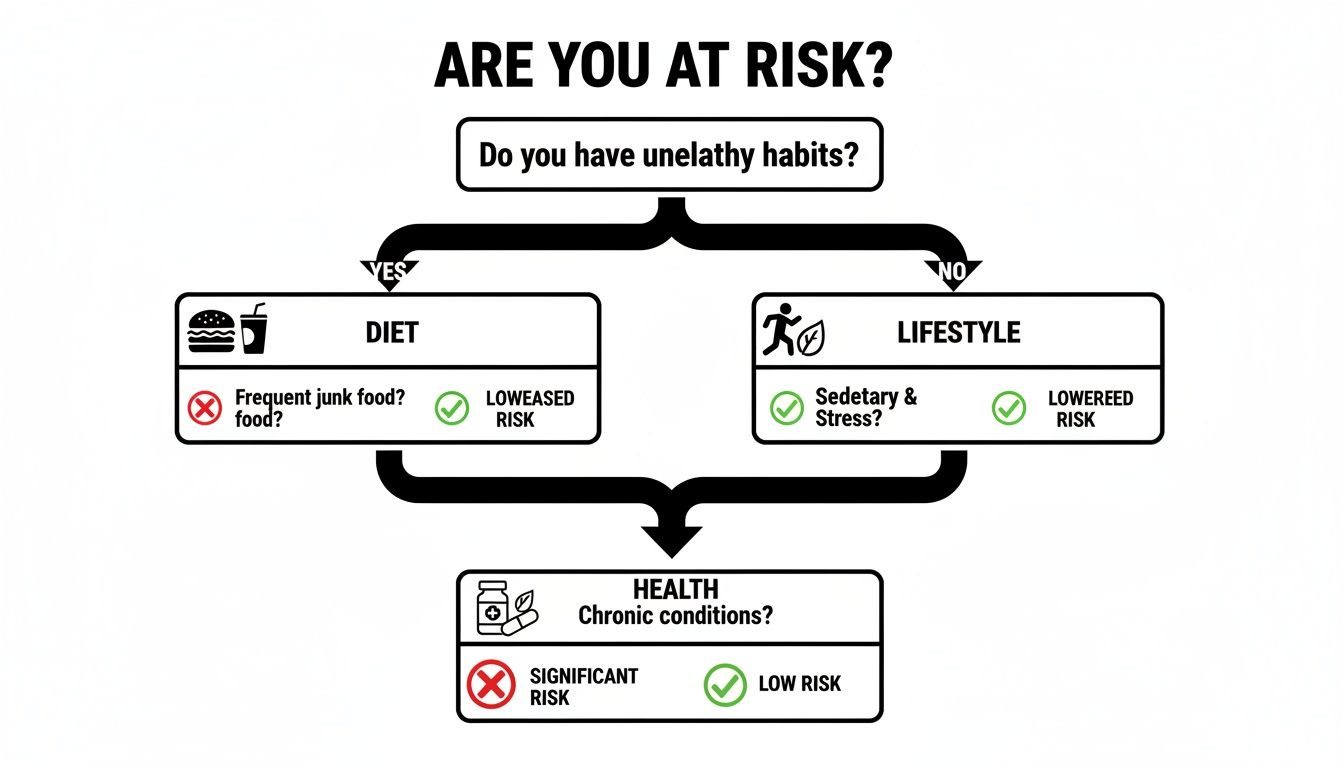 A decision tree illustrating health risk factors related to diet, lifestyle, and chronic conditions.