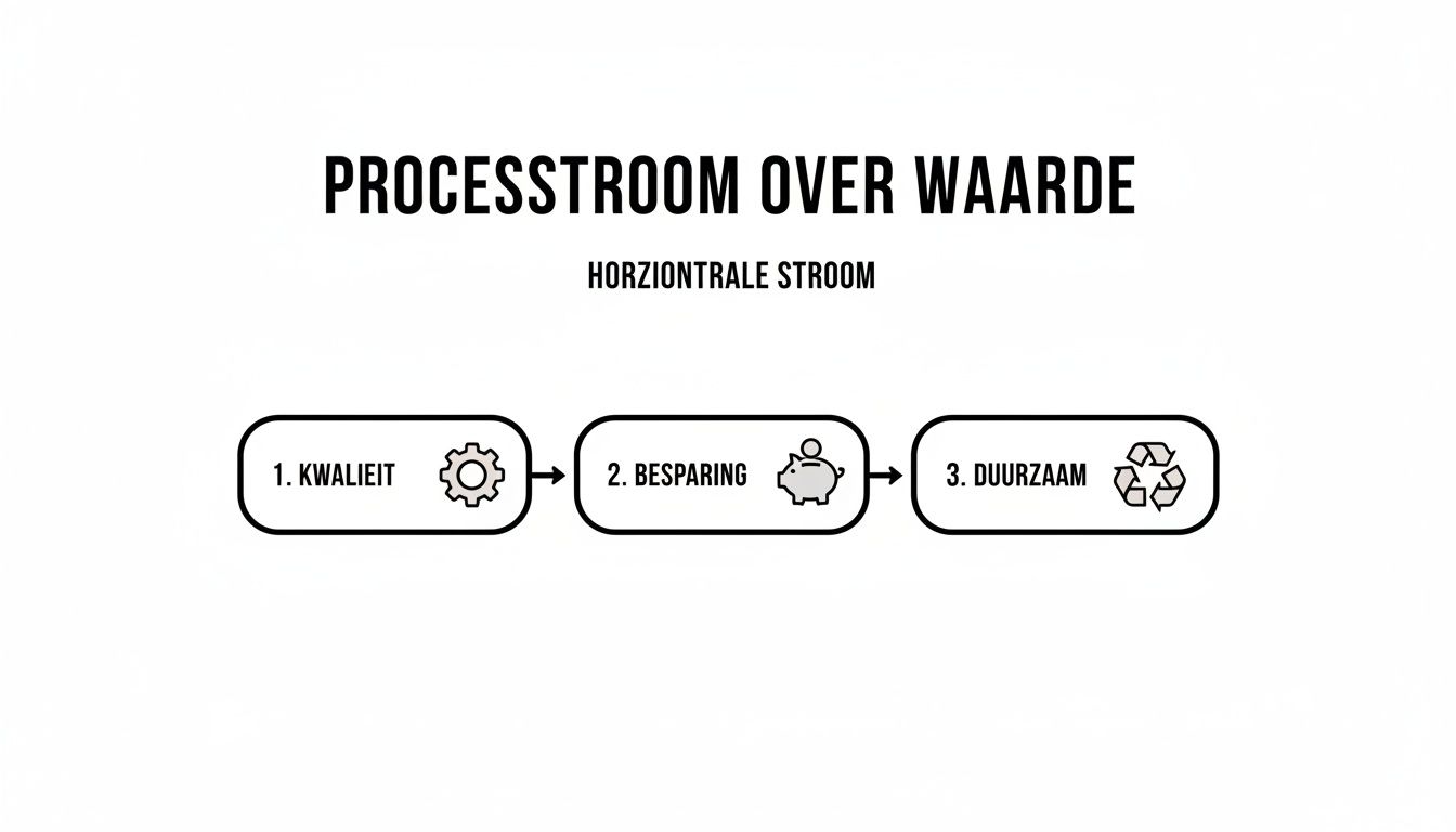 Horizontale processtroom over waarde met stappen voor kwaliteit, besparing en duurzaamheid, elk met een bijbehorend pictogram.