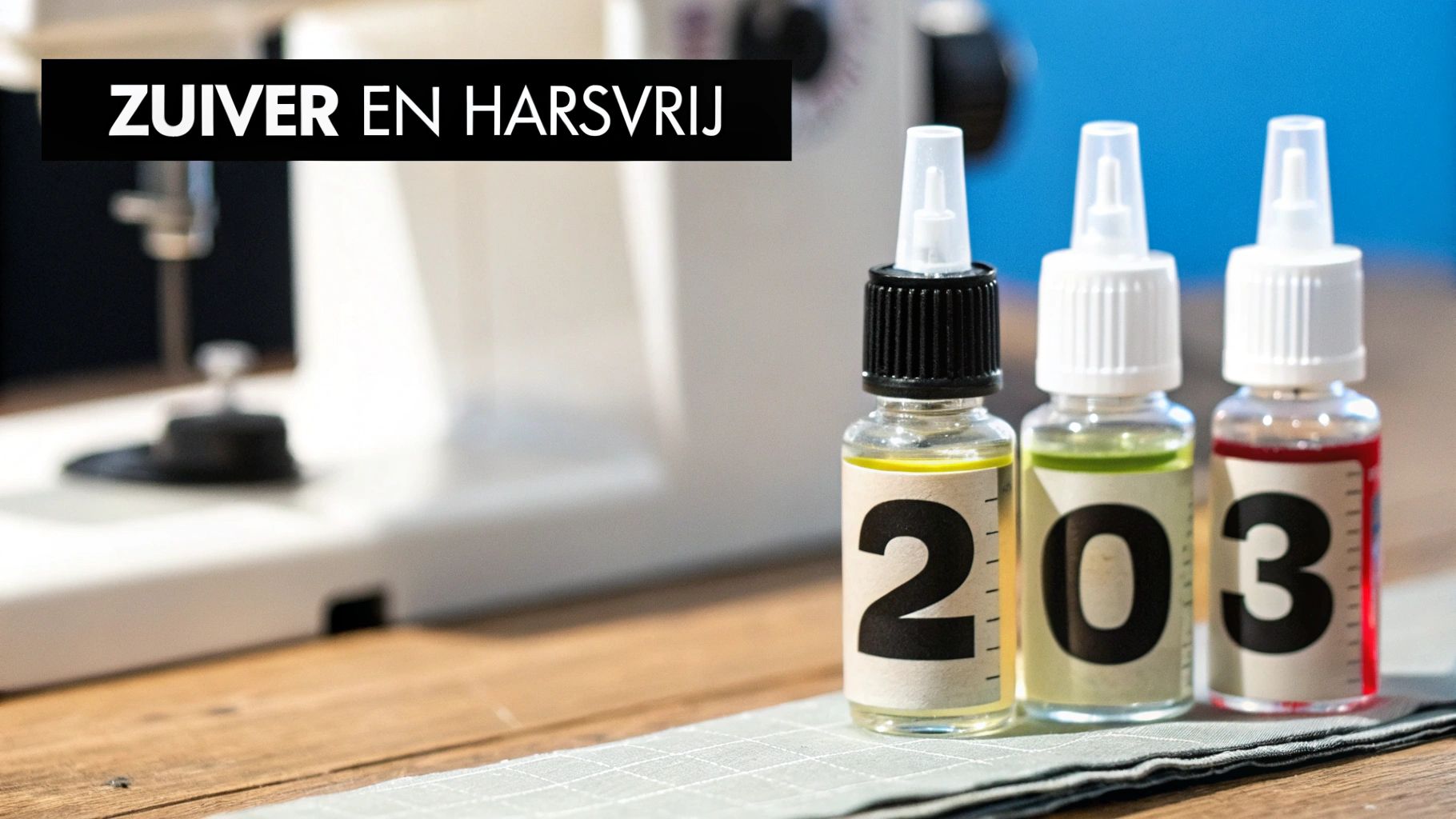 Drie flesjes naaimachineolie met nummers 203 en de tekst 'Zuiver en harsvrij' tegen de achtergrond van een naaimachine.
