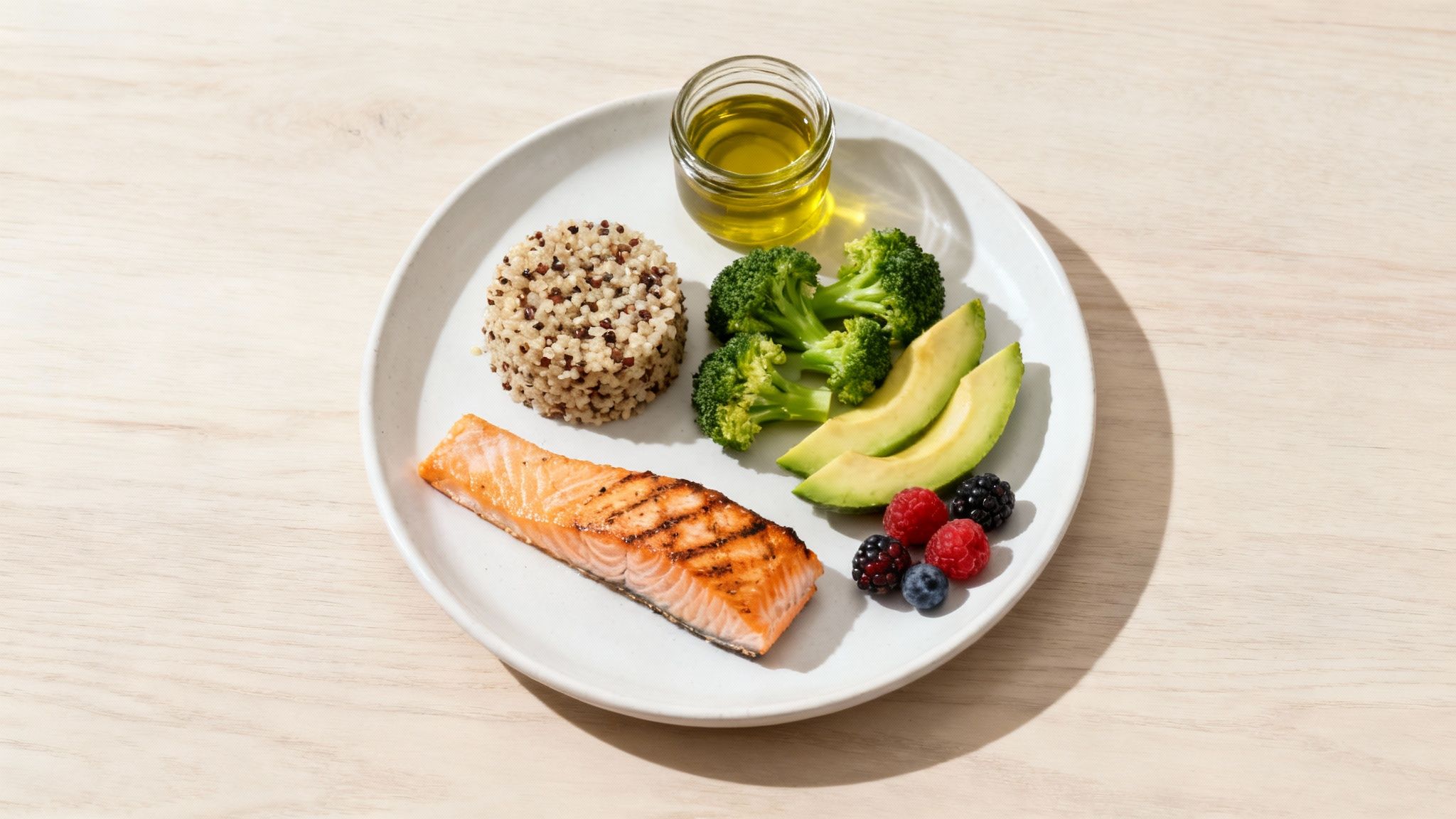 Healthy balanced meal plate with grilled salmon, quinoa, broccoli, avocado, berries and olive oil