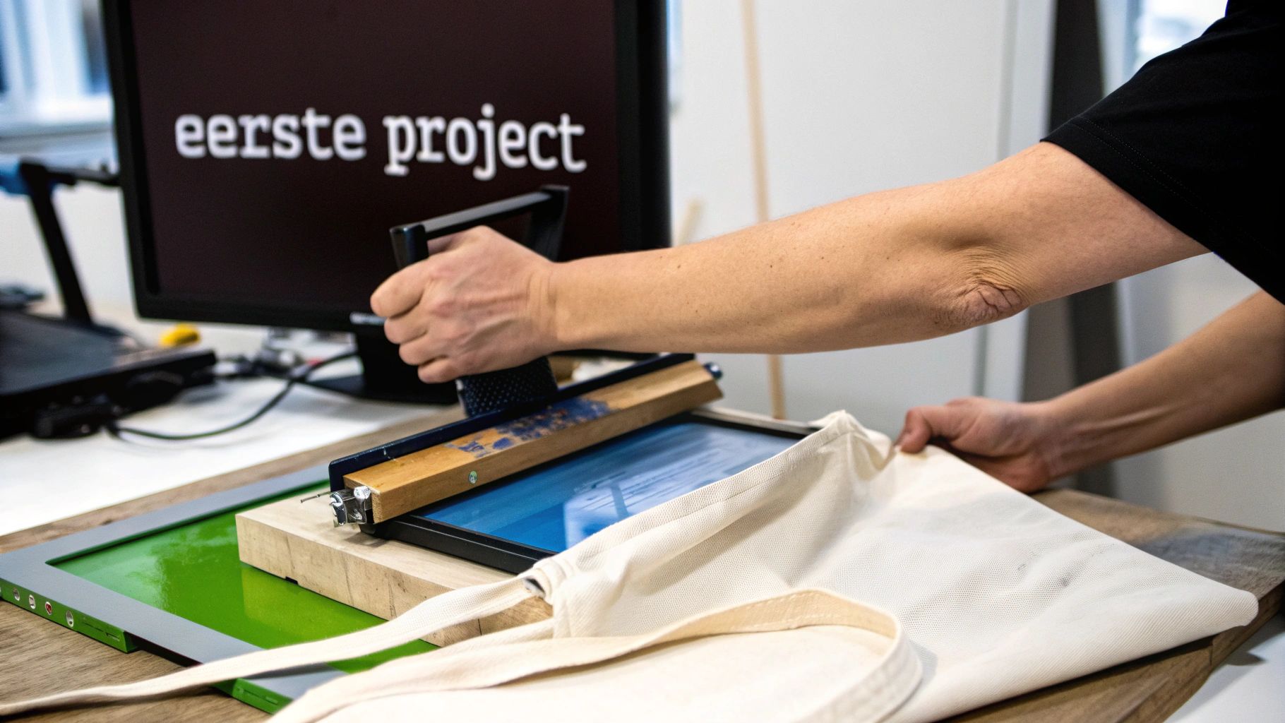 Een persoon die een zeefdrukraam voorbereidt voor het bedrukken van een tas.