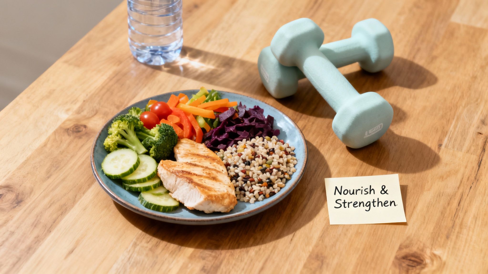 A balanced meal with grilled chicken, colorful vegetables, grains, water, and dumbbells on a wooden table.