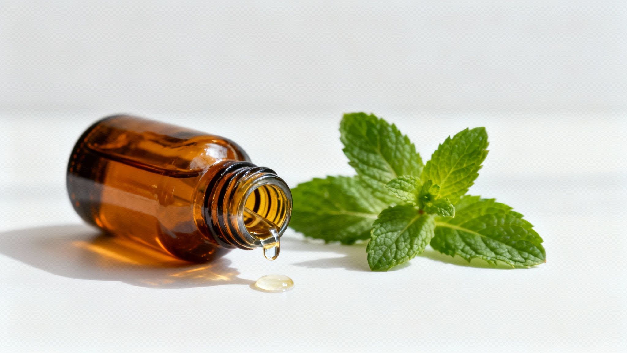 Amber dropper bottle of mint essential oil with a drop falling next to fresh mint leaves.