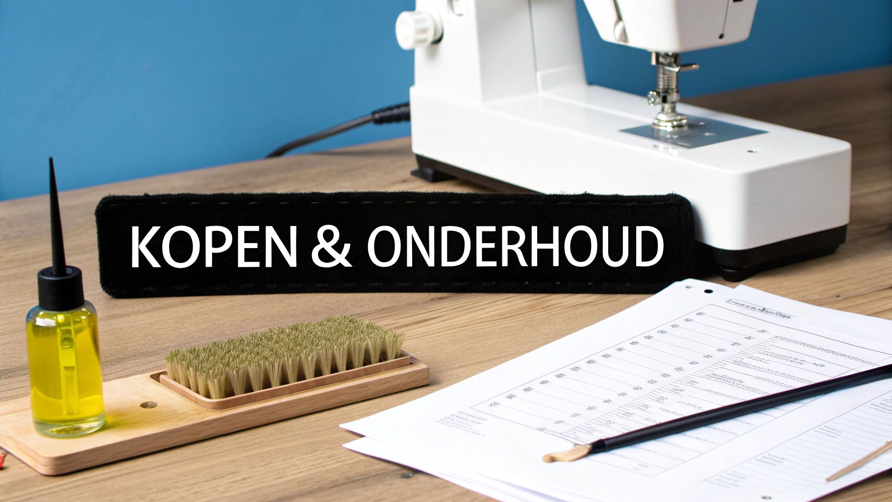 Een persoon die een naaimachine onderhoudt en schoonmaakt.