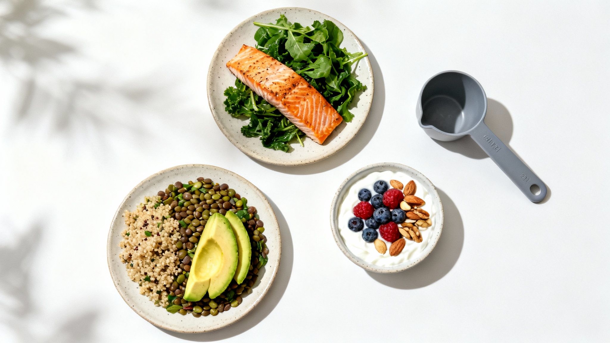 A healthy meal with salmon, avocado, and fresh vegetables representing proper nutrition
