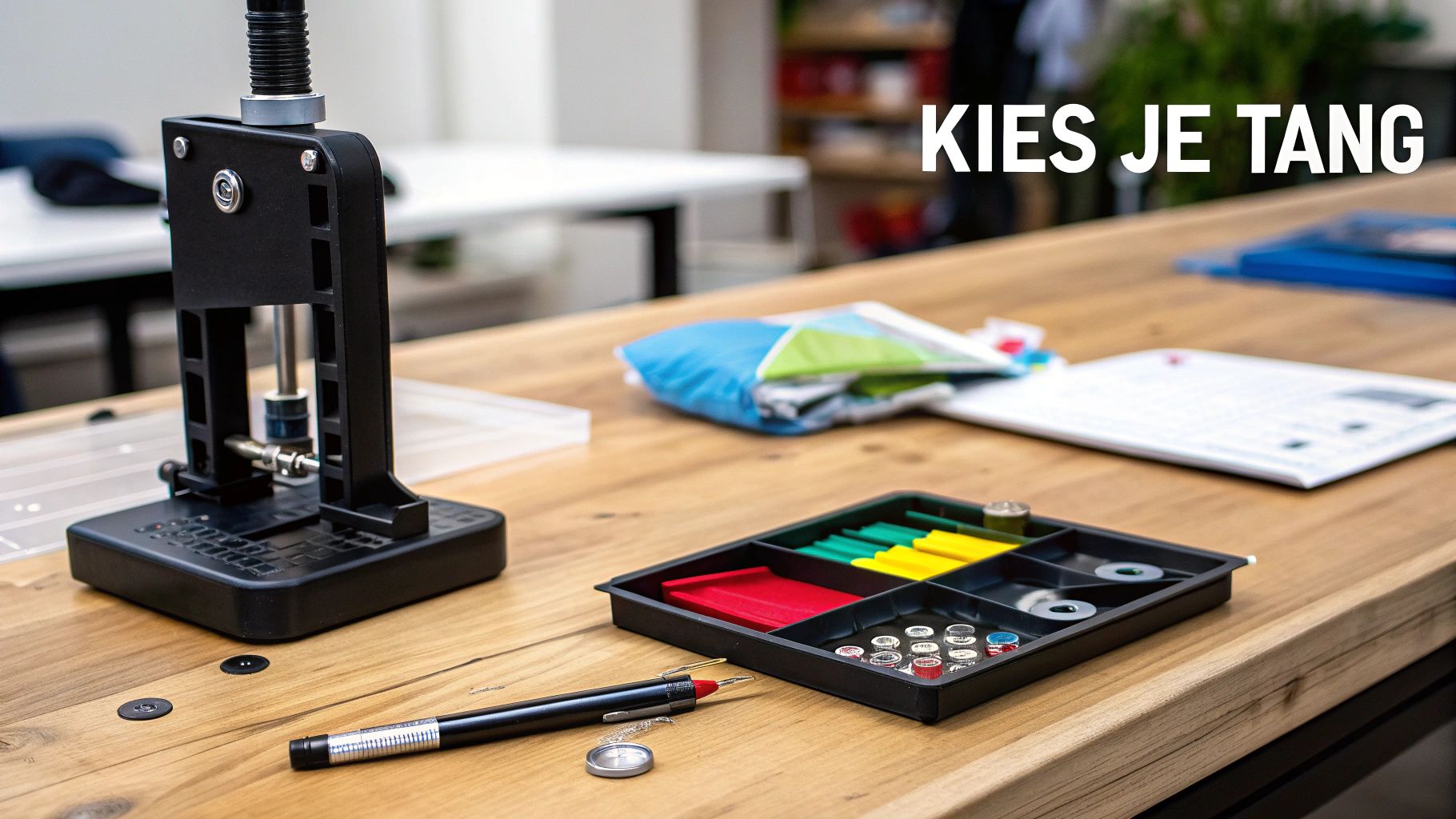 Een werkbank met een zwarte drukknopenpers, een sorteerbakje met kleurrijke drukknopen en een gereedschapspen.