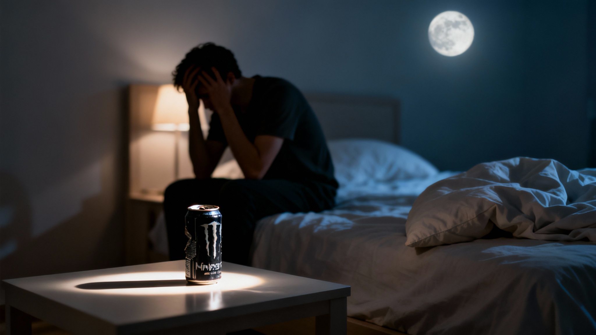 A distressed man sits on a bed at night, holding his head, with a crushed energy drink can nearby.
