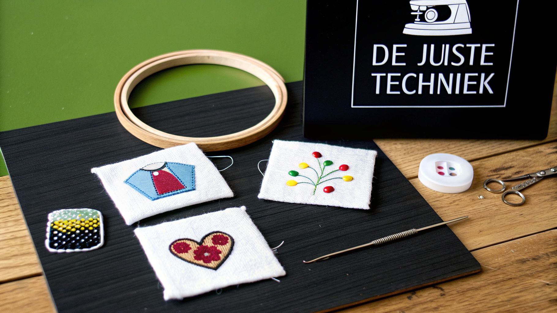 Verschillende borduurwerken en naaiaccessoires, inclusief borduurringen, scharen en een borduurtool op een tafel.