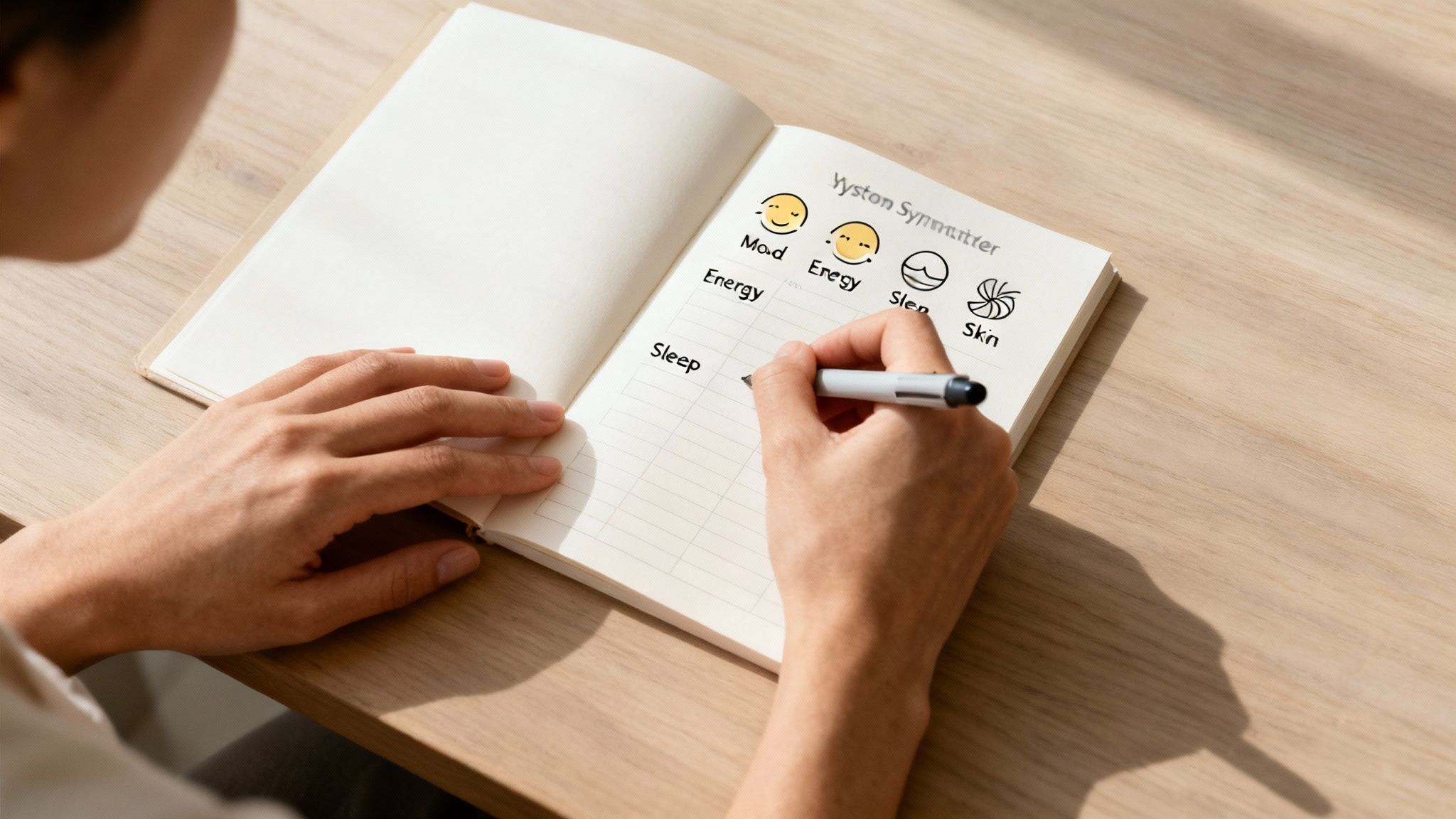 A person tracks mood, energy, sleep, and skin health in a wellness journal.