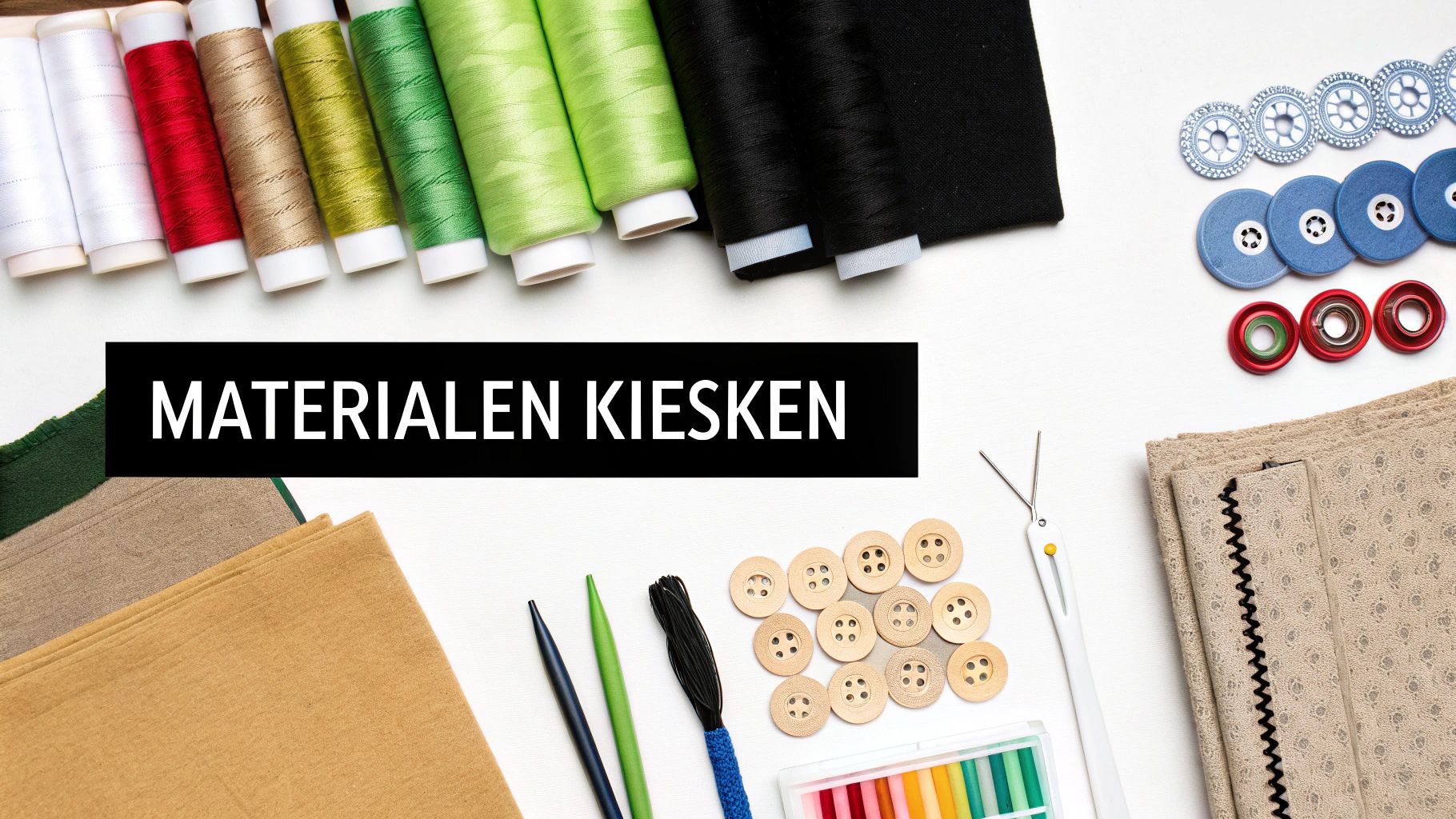 Een bovenaanzicht van diverse naaibenodigdheden, waaronder garen, stoffen, knopen en gereedschap op een witte achtergrond.