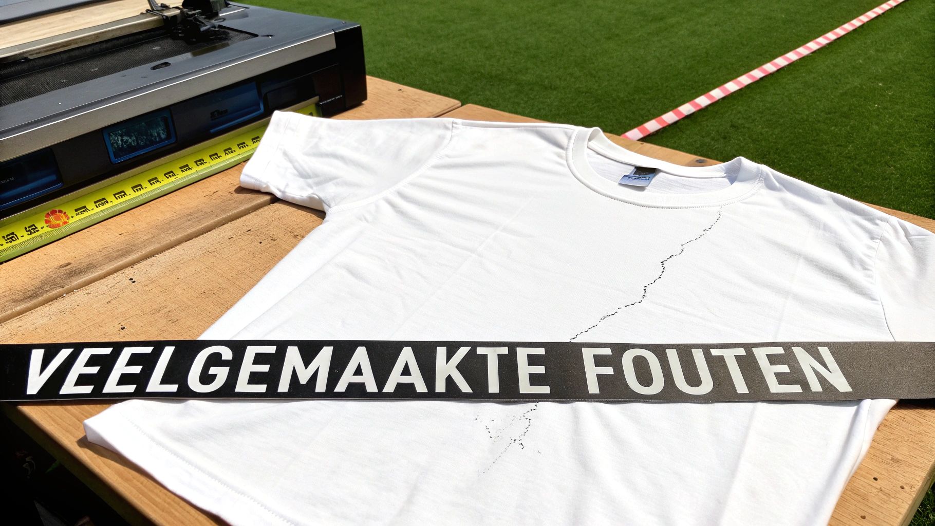 Een close-up van een vlekkerige, mislukte print op een stuk stof.