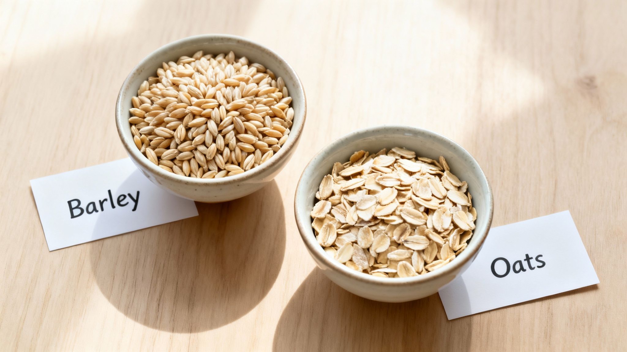 Two ceramic bowls with grains on a light wooden table: one with whole barley, the other with rolled oats, clearly labeled.