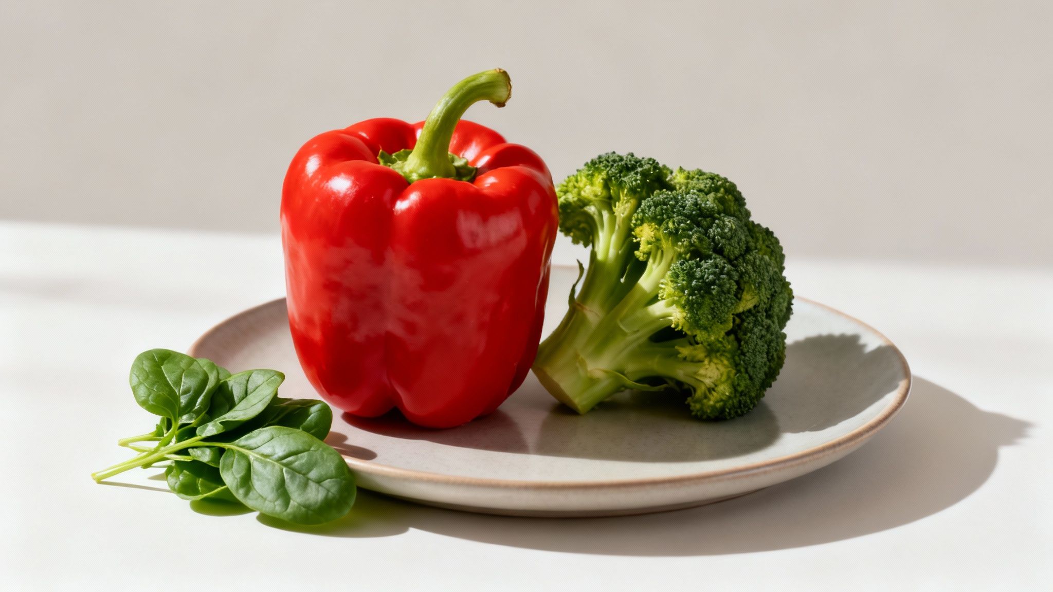A vibrant red bell pepper, broccoli florets, and fresh spinach leaves on a ceramic plate.