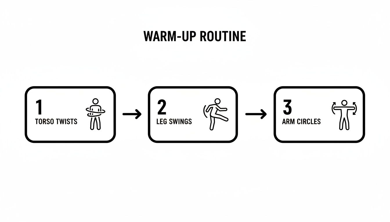 A three-step warm-up routine showing torso twists, leg swings, and arm circles with exercise icons.