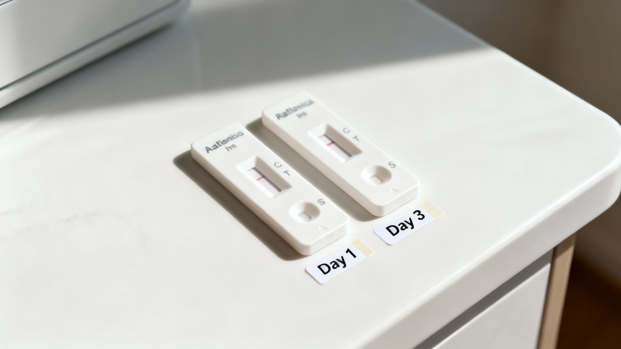 Two positive rapid antigen tests, labeled 'Day 1' and 'Day 3', show COVID-19 progression.