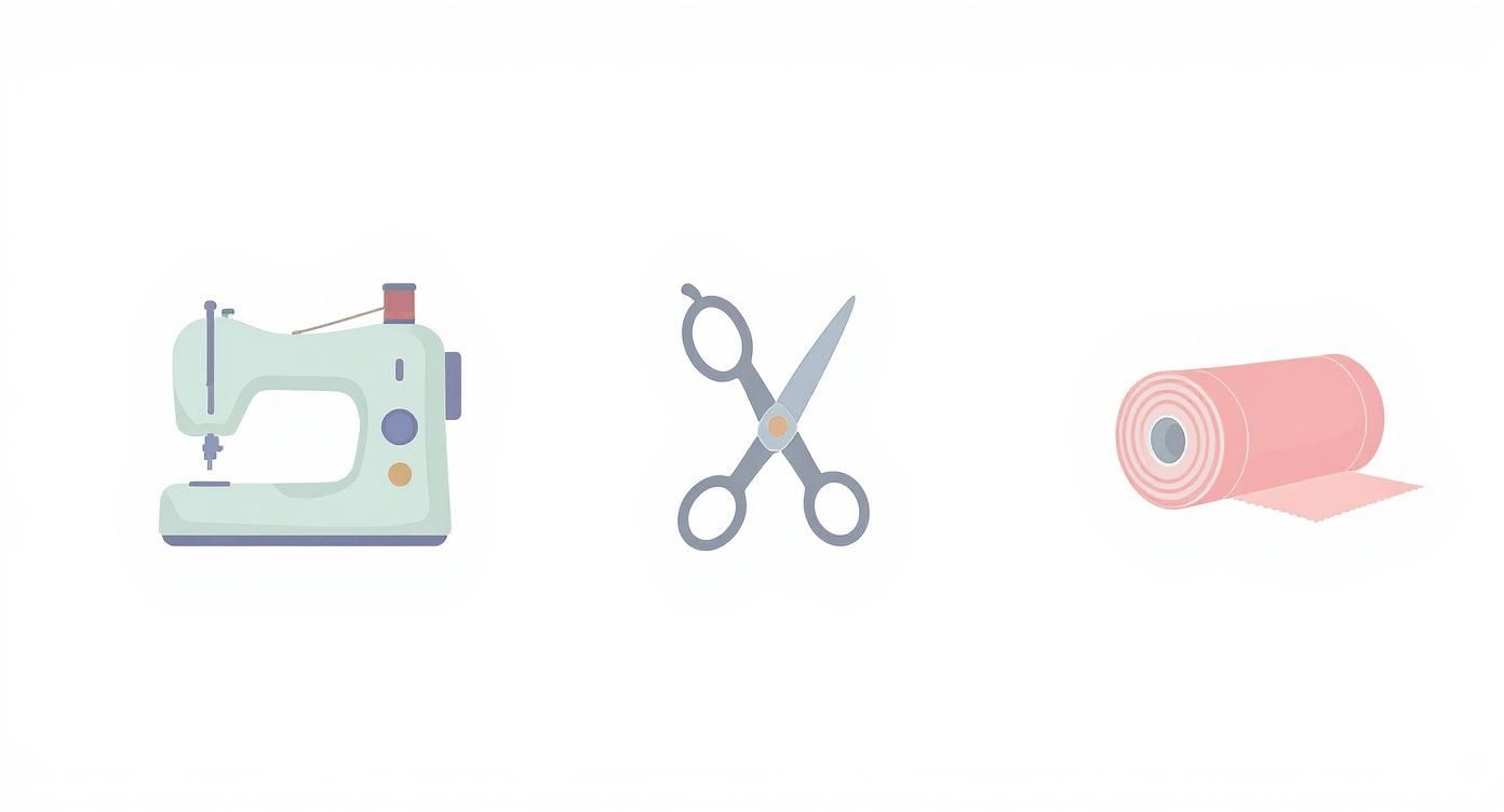 Naaimachine, schaar en roze draadklos geïllustreerd als essentiële naaigerei voor beginners