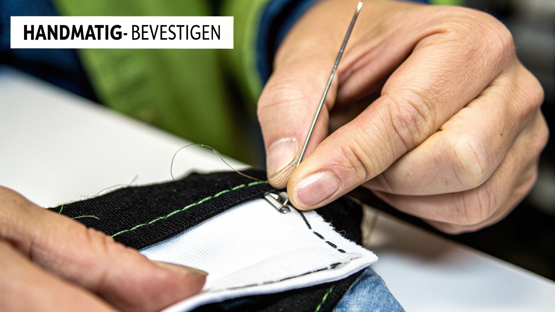 Een close-up van een persoon die met de hand een haakje aan een kledingstuk naait.