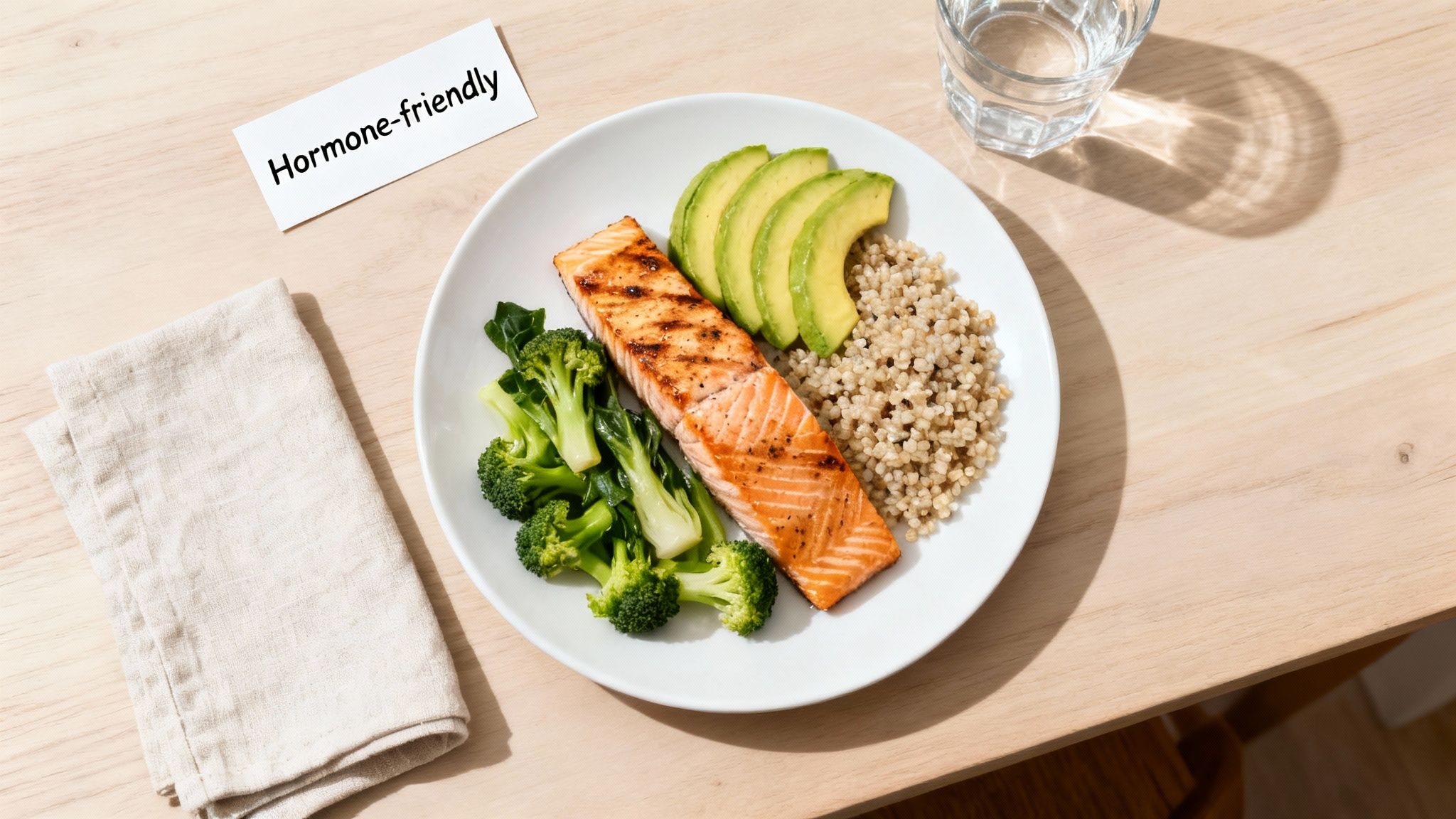 A healthy meal featuring grilled salmon, broccoli, avocado, and grains on a wooden table with a 'Hormone-friendly' card.