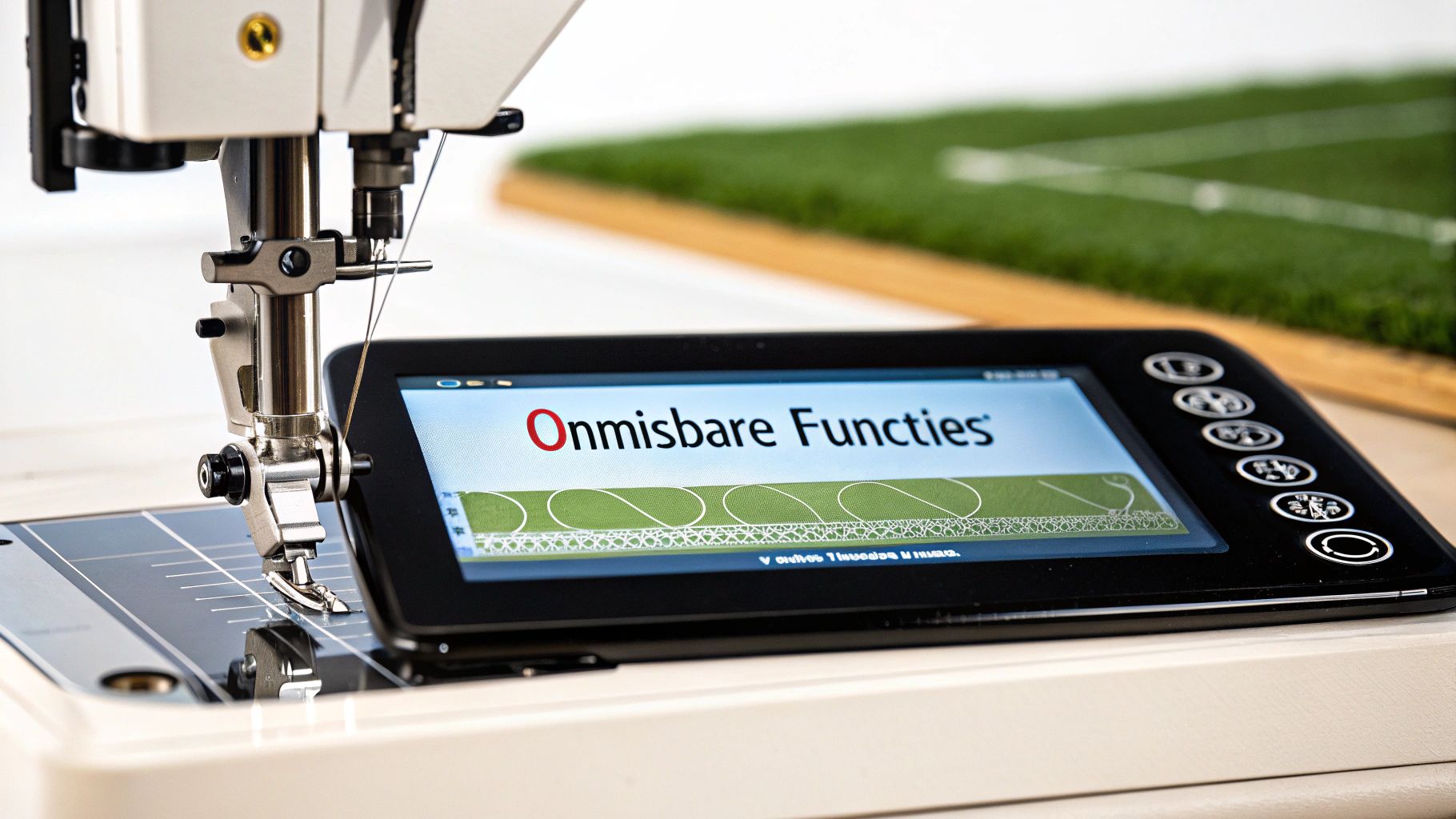 Een helder LCD-kleurenscherm op een moderne borduurmachine toont een patroon dat bewerkt wordt.