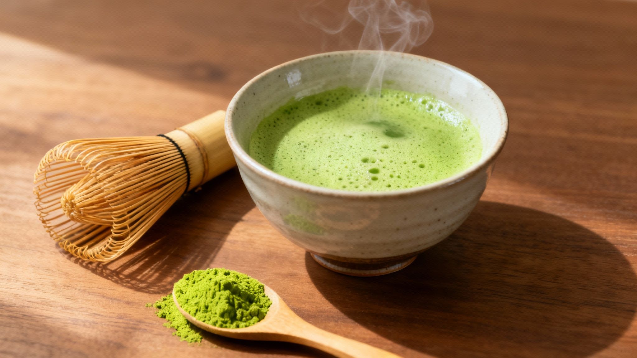 Steaming hot matcha tea in a ceramic bowl, alongside a bamboo whisk and green tea powder on a wooden table.