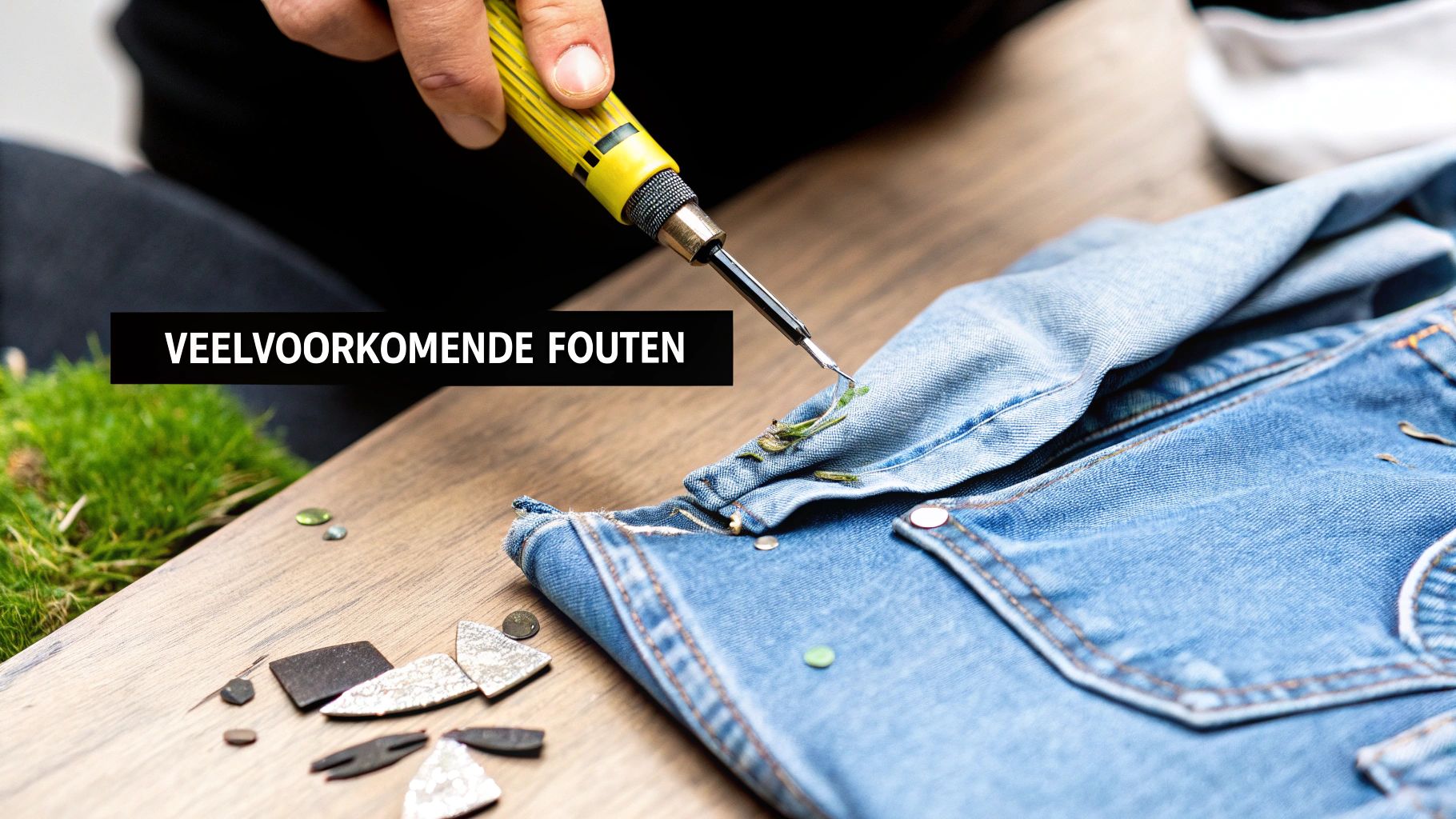 Detail van hand die geel gereedschap gebruikt op spijkerbroek, met tekst over veelvoorkomende fouten.