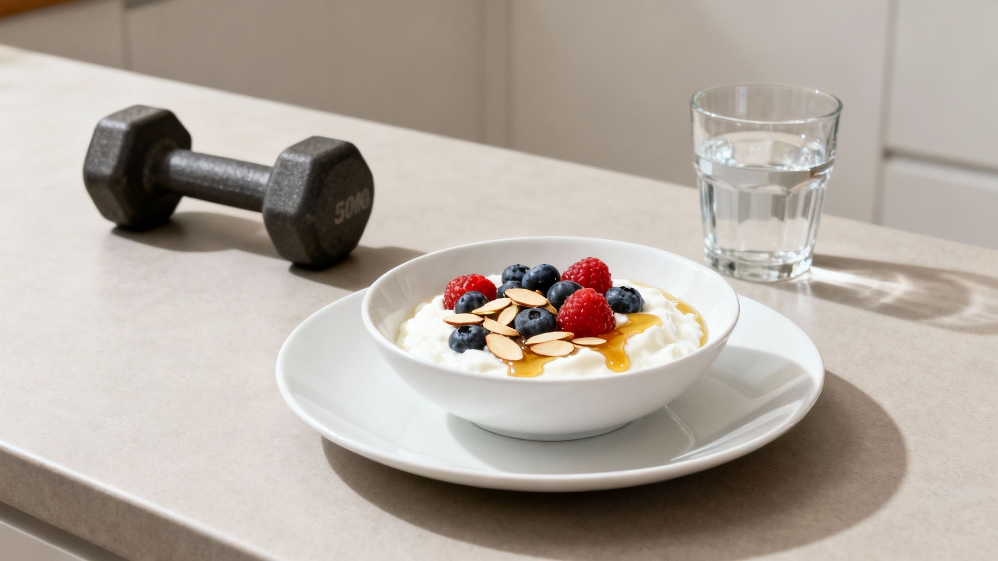 A healthy, protein-rich breakfast with yogurt, berries, nuts, honey, water, and a dumbbell.