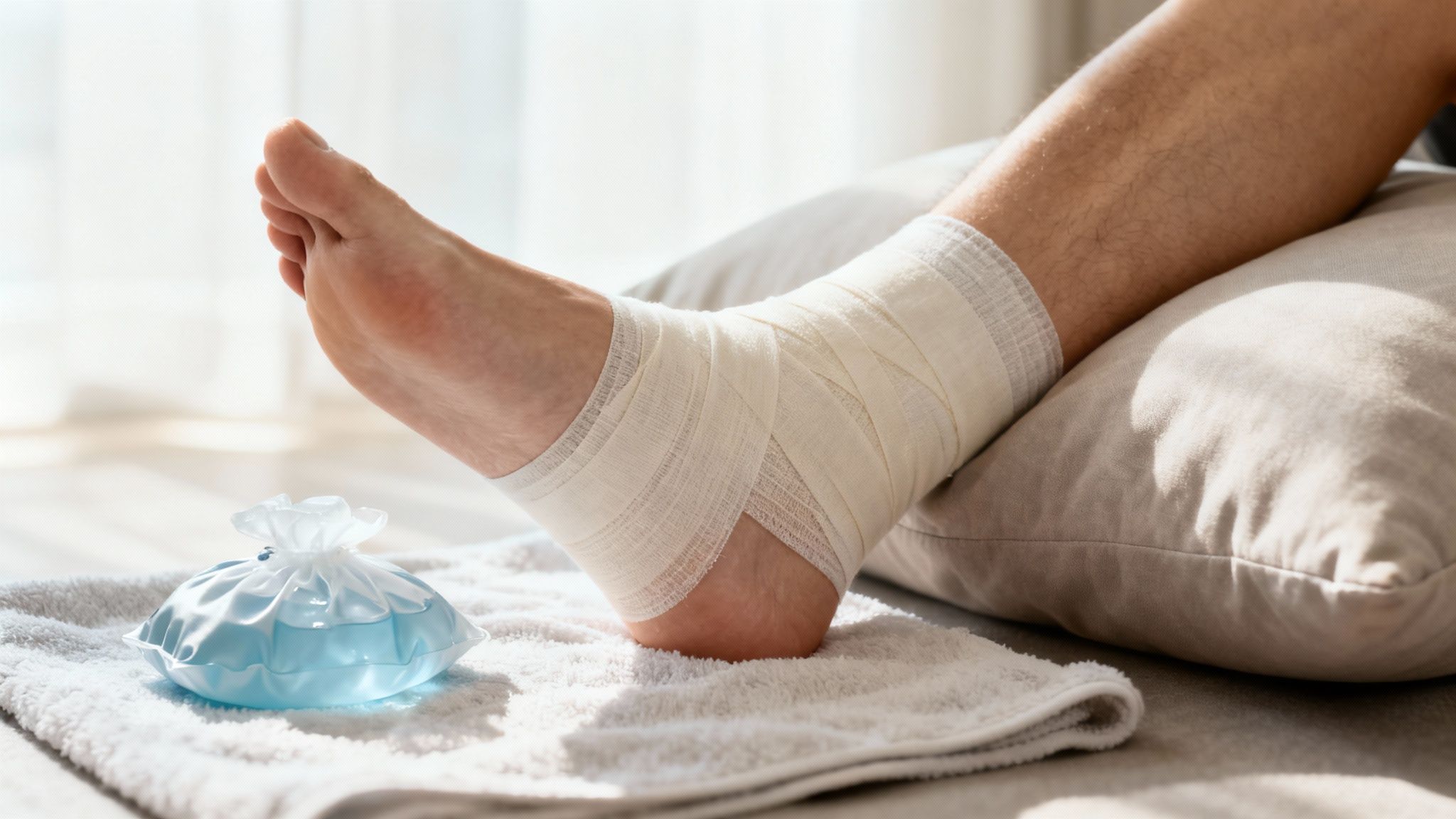A bandaged ankle resting on a pillow with an ice pack nearby, indicating ankle sprain recovery.