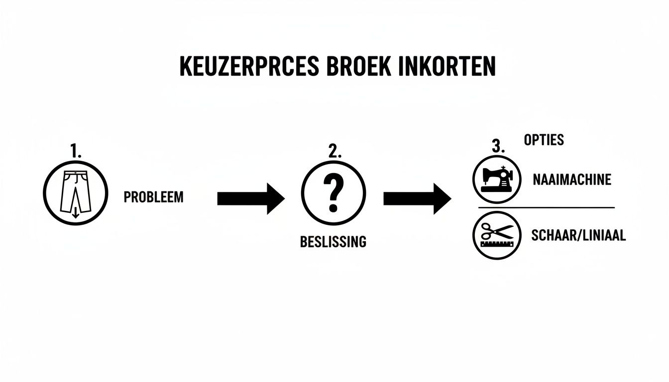 Een stroomschema toont het proces van broek inkorten, van probleem naar beslissing en de opties naaimachine of schaar/liniaal.