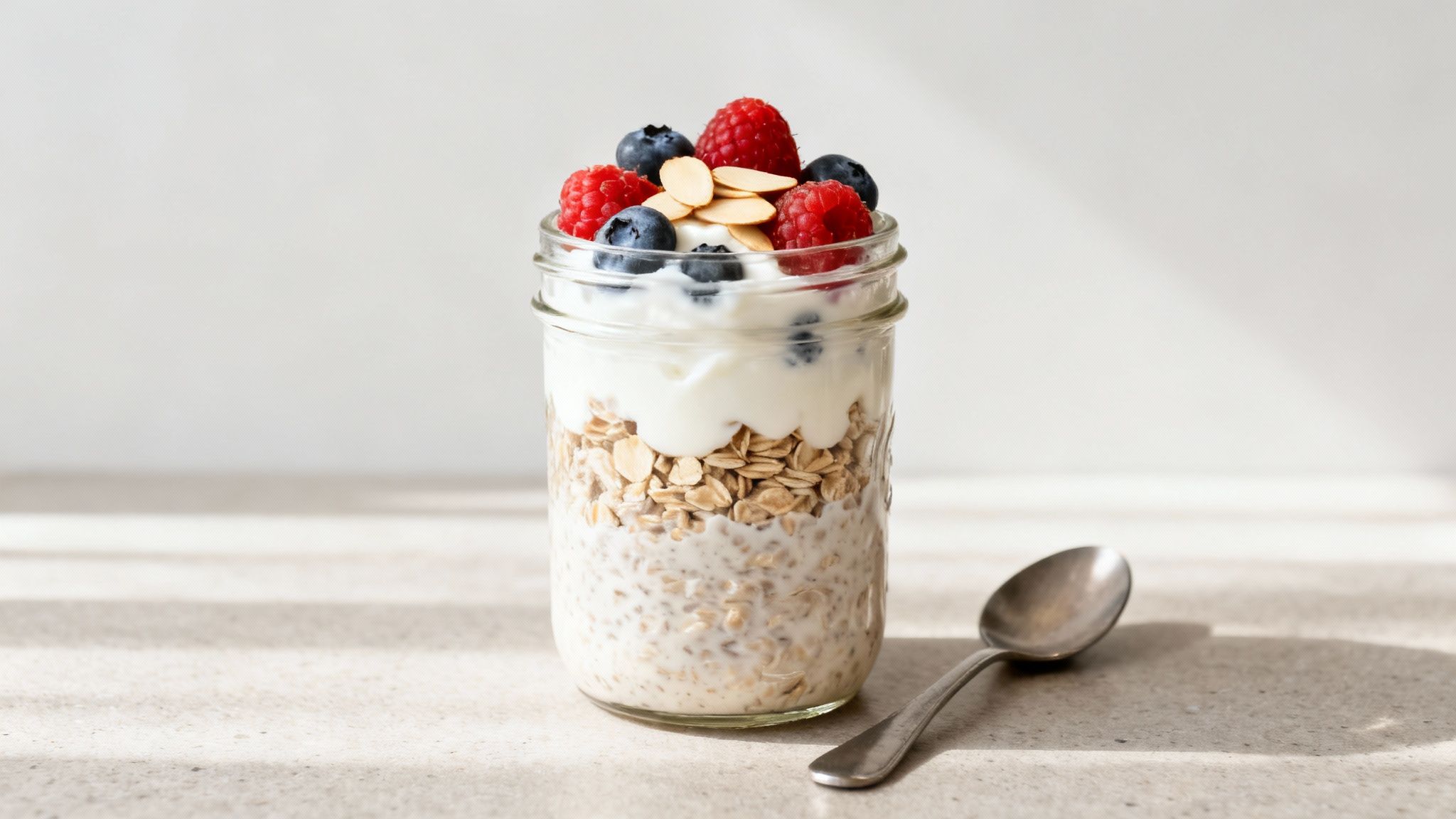 A mason jar filled with layered overnight oats, yogurt, fresh raspberries, blueberries, and sliced almonds on a light counter with a spoon.
